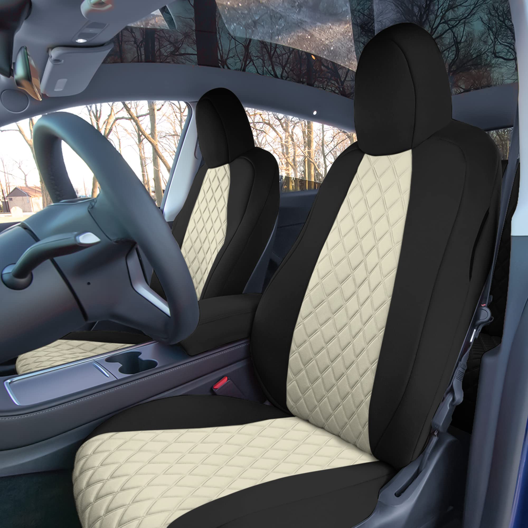 TLH Custom Fit Waterproof Beige Seat Covers for Tesla Model Y 2020-2024 - Front Set Premium Automotive Interior Accessories | Perfect for Road Trips & Daily Commute