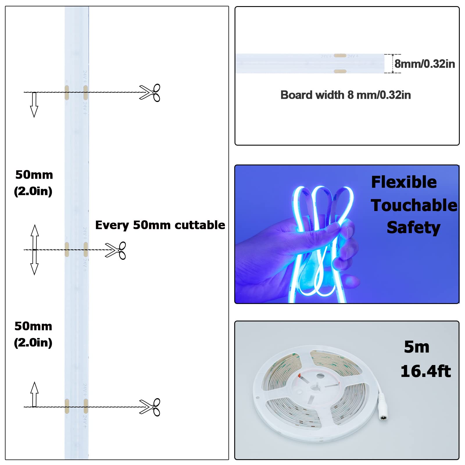 24V COB LED Strip Light Blue 5M/16.4ft 2400LEDs High Density Flexible Tape - Uniform Glow for DIY Home Decor, Cabinet Lighting, Bedroom & Kitchen Accent (IP20 Non-Waterproof, Power Supply Not Included) - Perfect for Ambient Lighting, Under Cabinet Illumination, and Creative Interior Design Projects