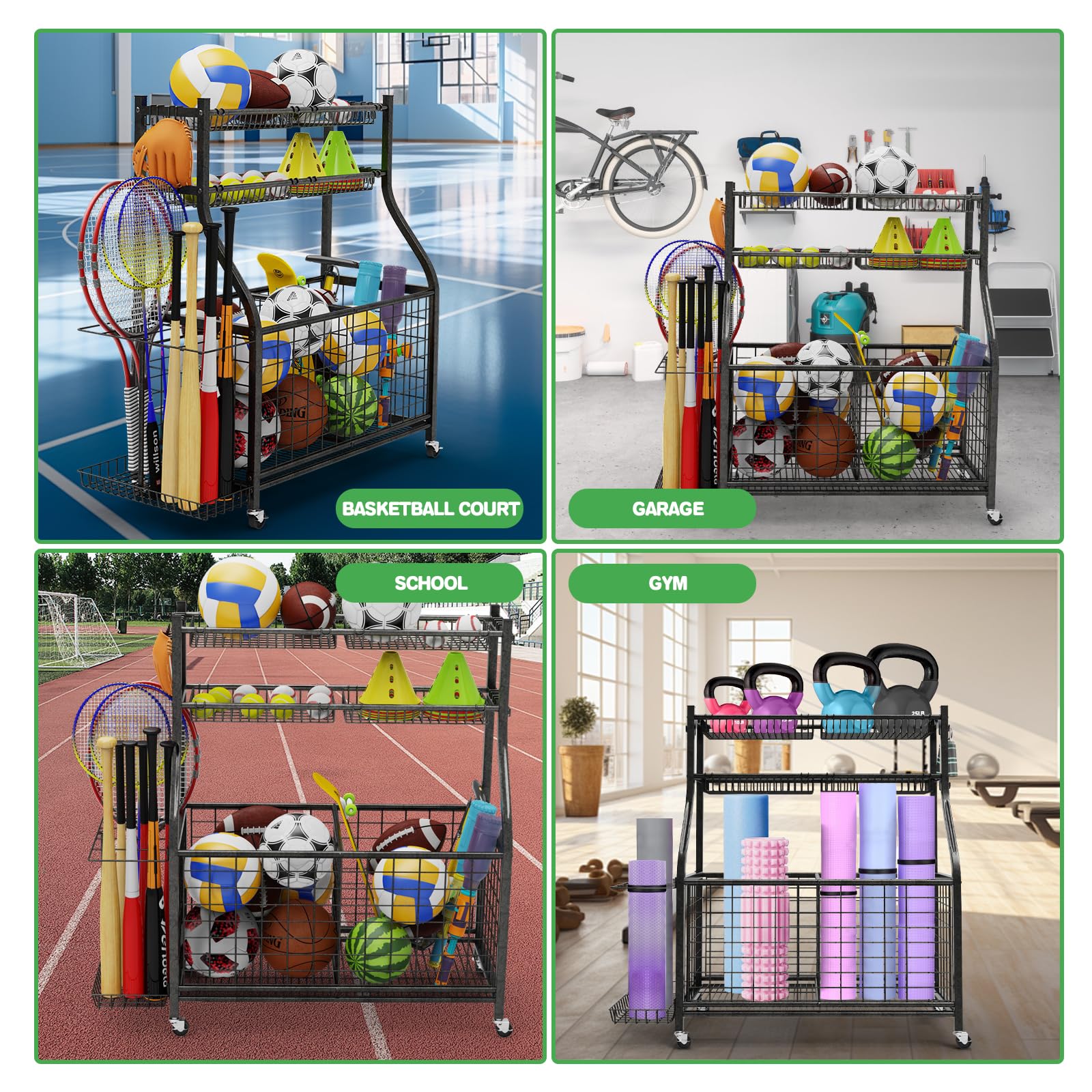 Heavy Duty Garage Sports Equipment Organizer with 4 Baskets & 6 Hooks - Ball Storage Rack for Basketball Soccer Baseball - Garage Organization System for Toys, Bikes & Outdoor Gear - Perfect for Home Gym, Playroom & Backyard Storage