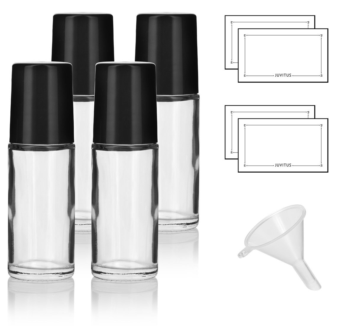 JUVITUS 1 oz (30 ml) Clear Glass Bottles - 4 Pack with Heavy Wall Design, Includes Funnel & Labels - Perfect for Essential Oils, DIY Beauty Products, and Travel-Sized Liquids