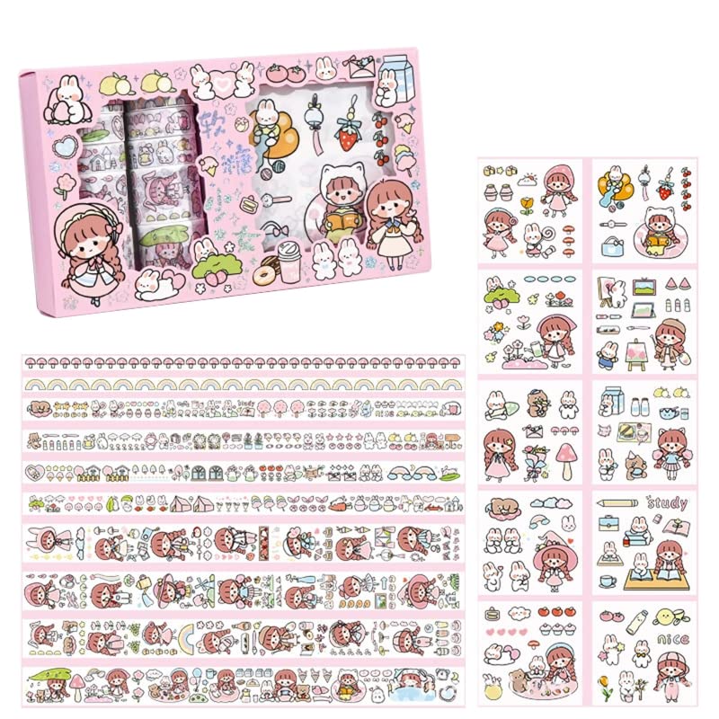 20PCS Aesthetic Washi Tapes & Cartoon Stickers Kit - Scrapbooking, Journaling, Planner Decorations - Cute DIY Stickers for Kids Water Bottles, Notebooks, Laptops - Perfect for Crafting, Gift Wrapping & Home Decor