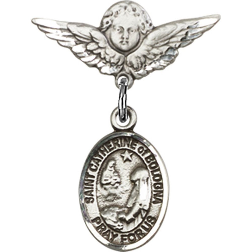 Sterling Silver Baby Badge with St. Catherine of Bologna Charm & Angel Wing Pin - 7/8