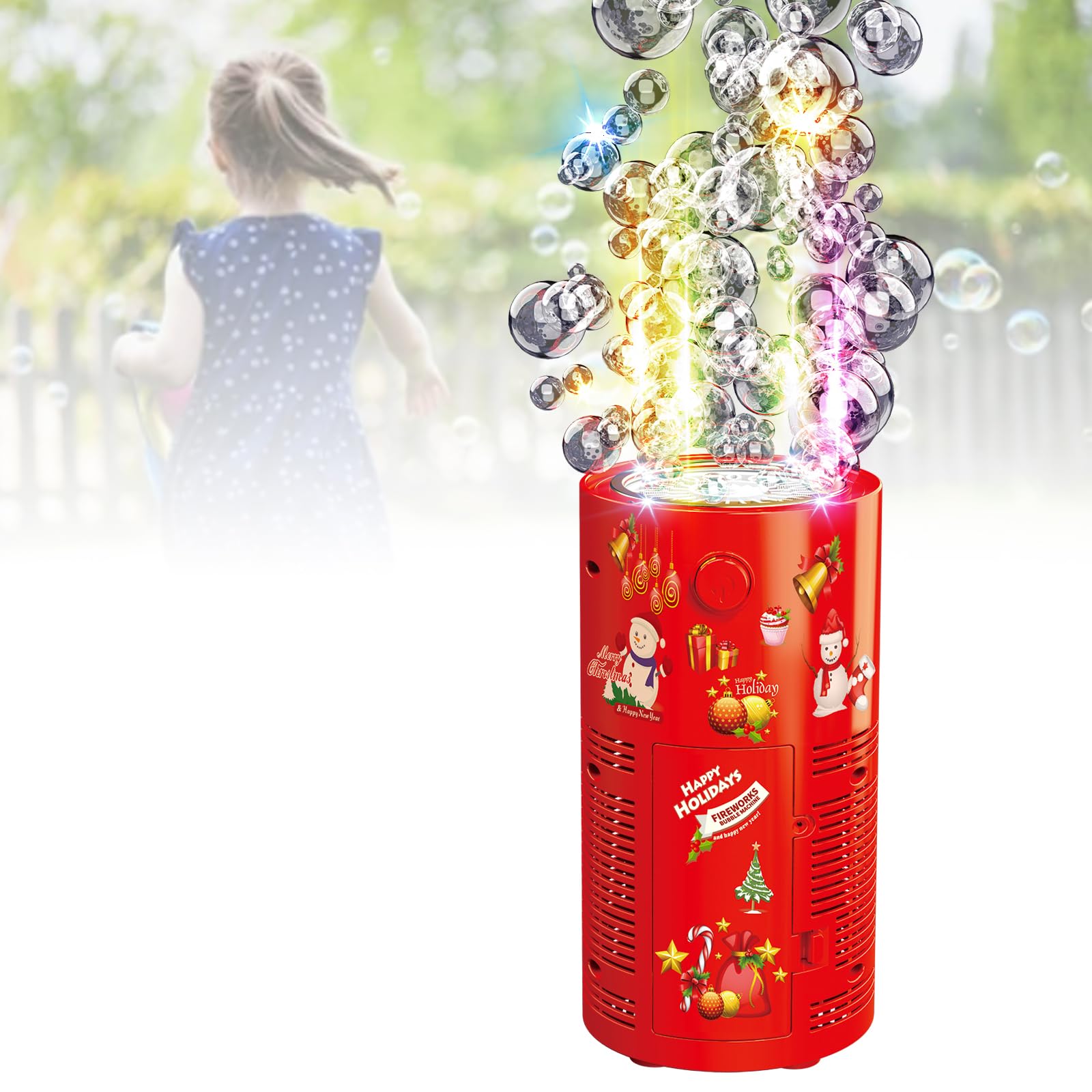 Portable Automatic Bubble Machine with LED Lights & Music - 240ml Bubble Solution Included - Fun Bubble Maker Toy for Kids Outdoor Play, Birthday Parties, Weddings & Christmas Celebrations