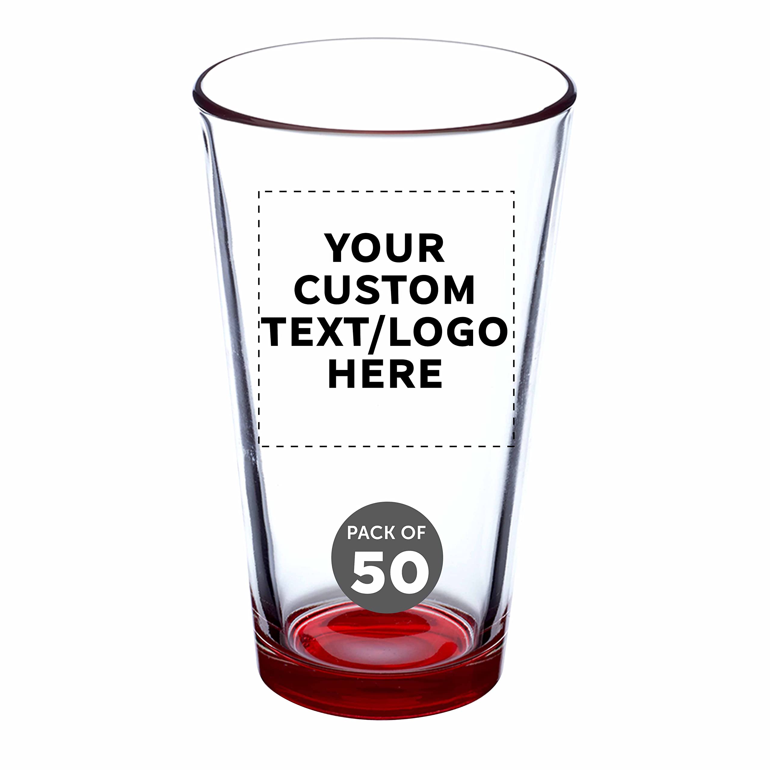 Custom Engraved 16 oz Beer Pint Glasses - Bulk Set of 50 Heavy Duty Bar Glasses with Thick Base, Stackable Design - Personalized Restaurant Glassware for Bars, Pubs & Events (Red) - Perfect for Commercial Use, Wedding Favors & Bulk Beverage Service