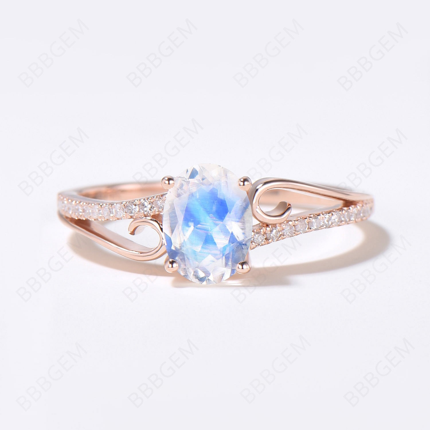 Art Deco Moonstone Engagement Ring - Curved Wedding Band in Rose Gold with Split Shank Design | Perfect for Vintage-Inspired Proposals & Anniversary Gifts