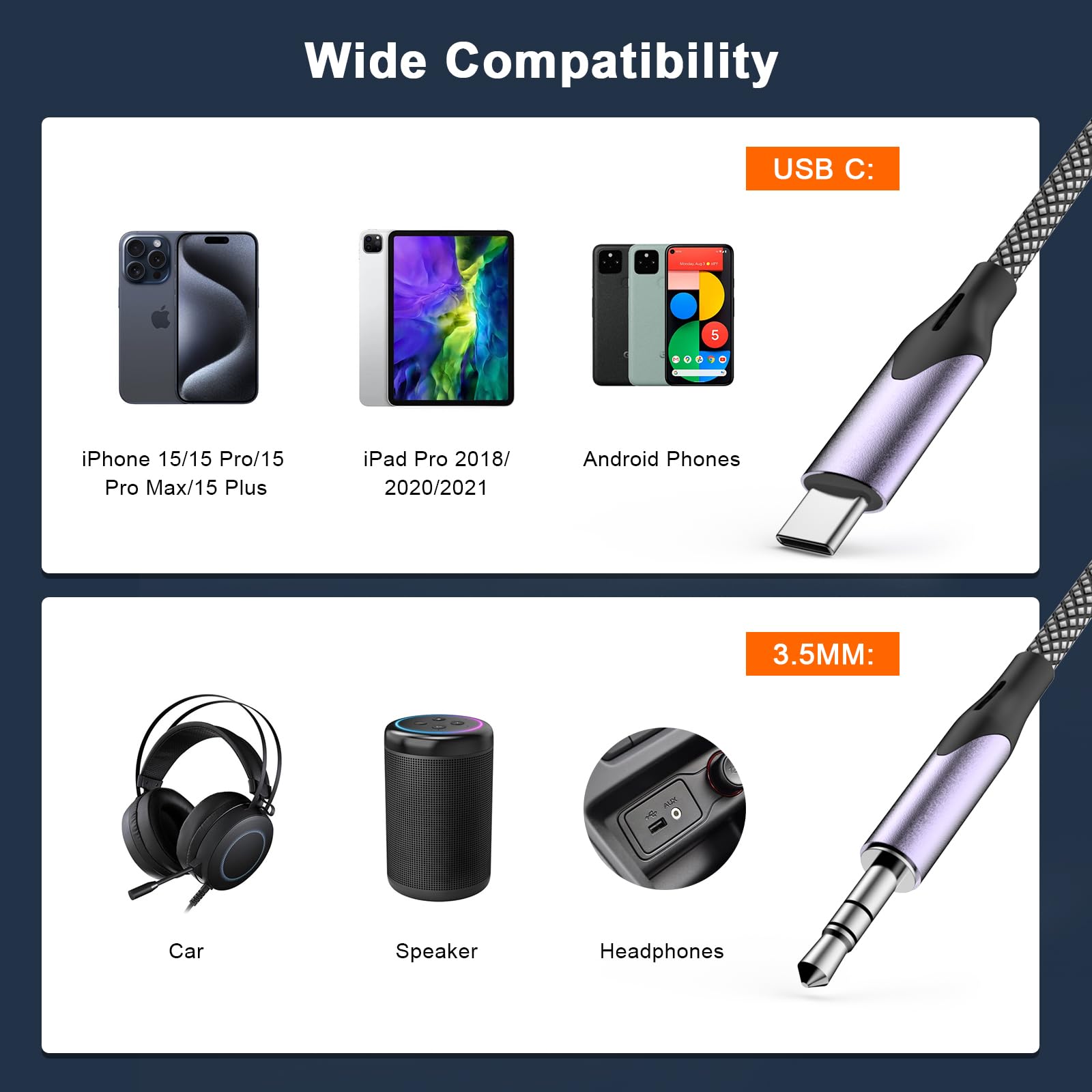 MFi Certified USB-C to 3.5mm Aux Audio Cable [2 Pack, 4FT] - Compatible with iPhone 16/15/Pro/Plus, iPad Pro/Air/Mini - for Car Stereo, Home Speakers & Headphones - High Fidelity Sound for Commuting, Road Trips & Home Entertainment