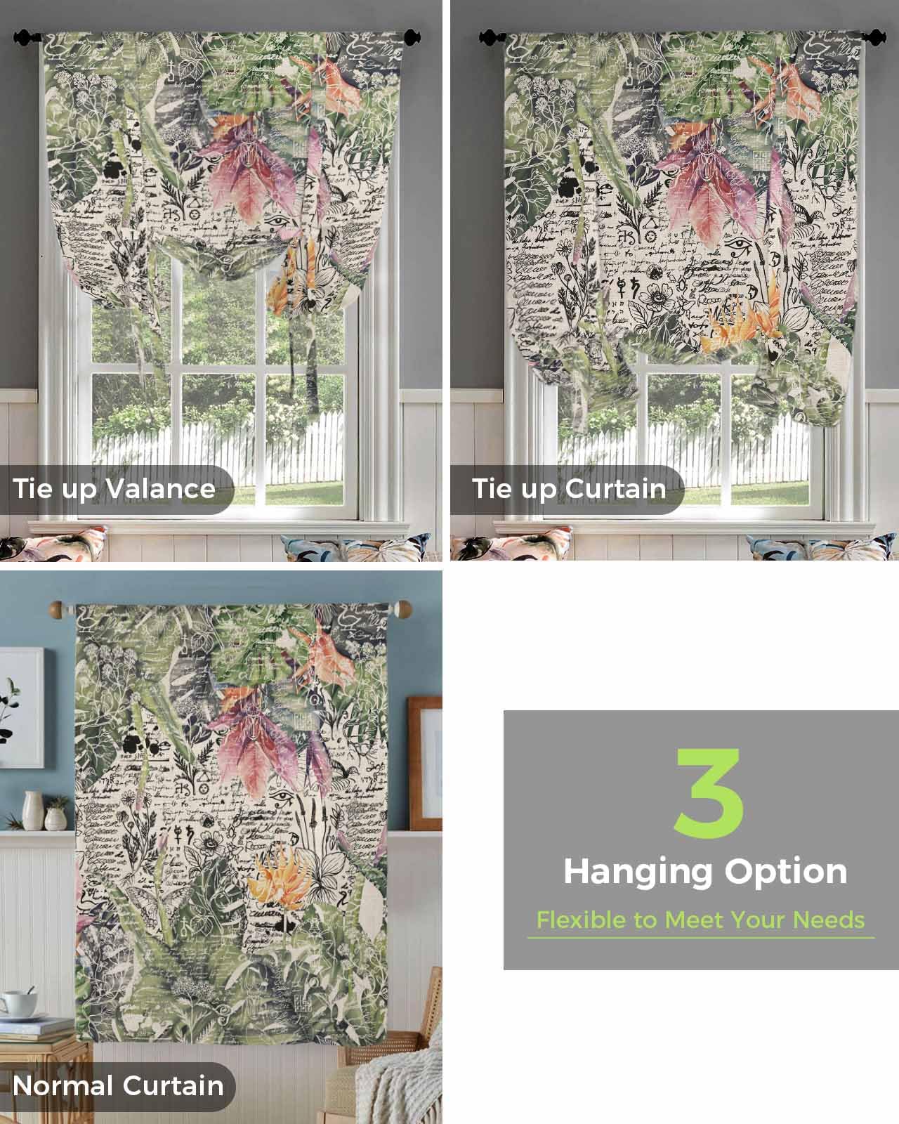 Botanical Tie-Up Curtains for Windows - Adjustable Balloon Shades with Tropical Floral Print, Farmhouse Kitchen Window Treatments, 42x45 Inch Rod Pocket Short Curtains - Perfect for Rustic Dining Rooms, Sunrooms & Cozy Bedrooms