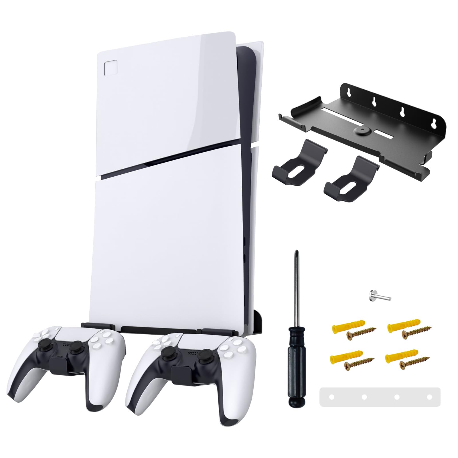 PS5 Slim Wall Mount Stand with 2 Removable Controller Holders - Floating Gaming Shelf for PS5 Slim Console - Secure Screw Fixing for Wall or Behind TV - Perfect for Small Spaces & Organized Gaming Setup