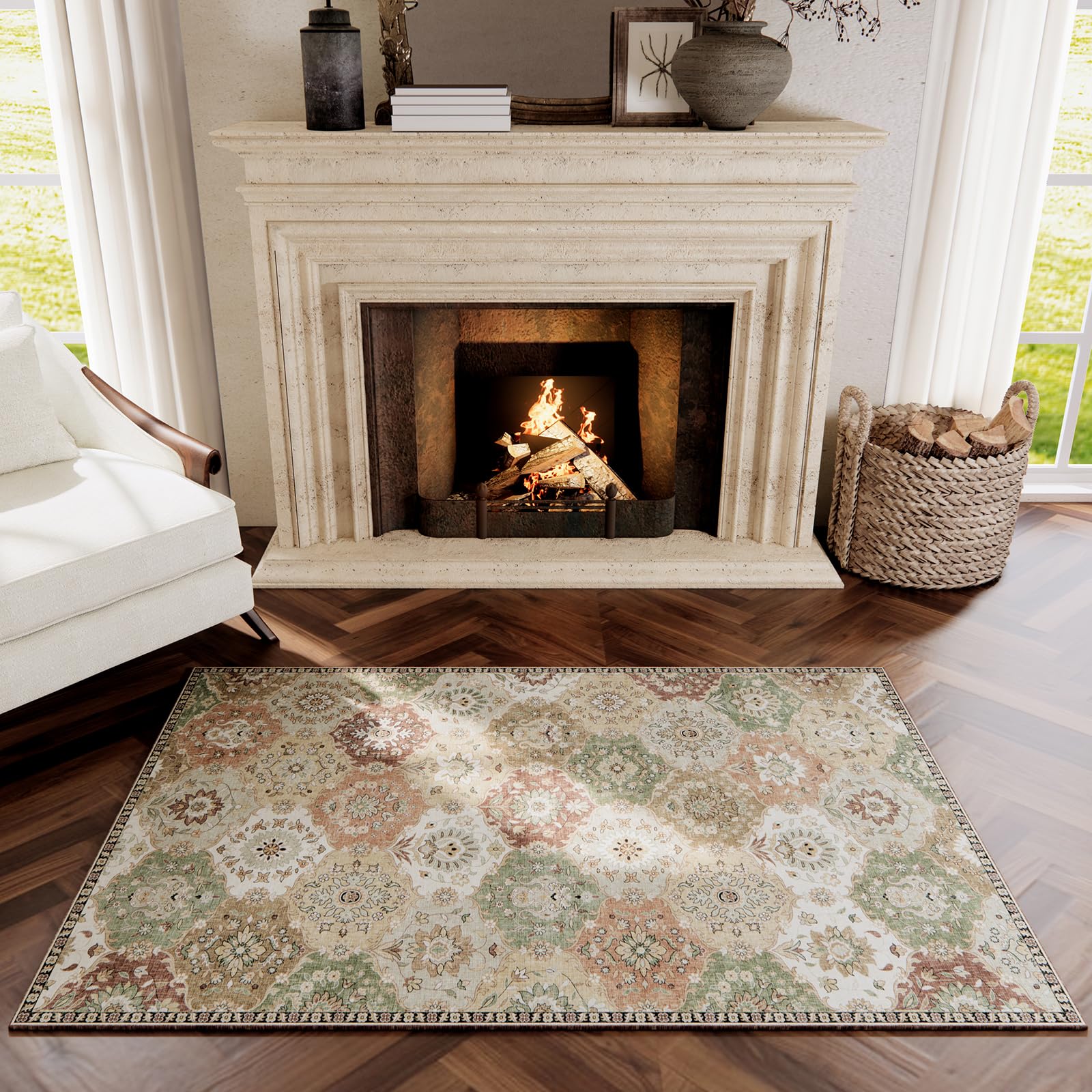 4x6 Washable Non-Slip Area Rug - Low Pile Lightweight Rug for Bedroom, Living Room, Dining Room, Nursery & Entryway - Multi/Green - Perfect for Home Decor & High Traffic Areas