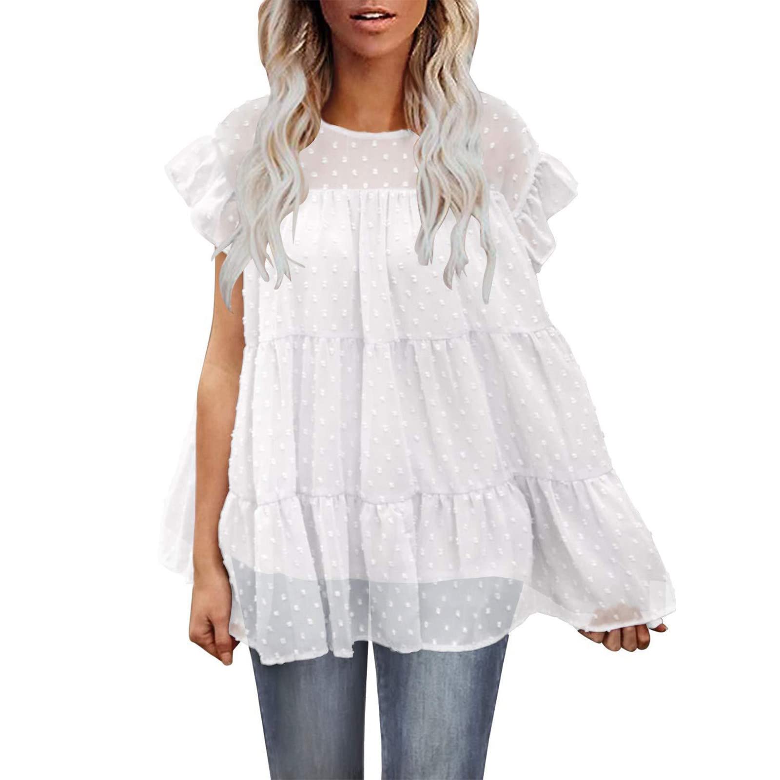 Women's Pleated Sleeve Solid Color Babydoll T-Shirt - Casual Short Sleeve Sexy Blouse for Women | Perfect for Date Night, Office Wear & Summer Outfits
