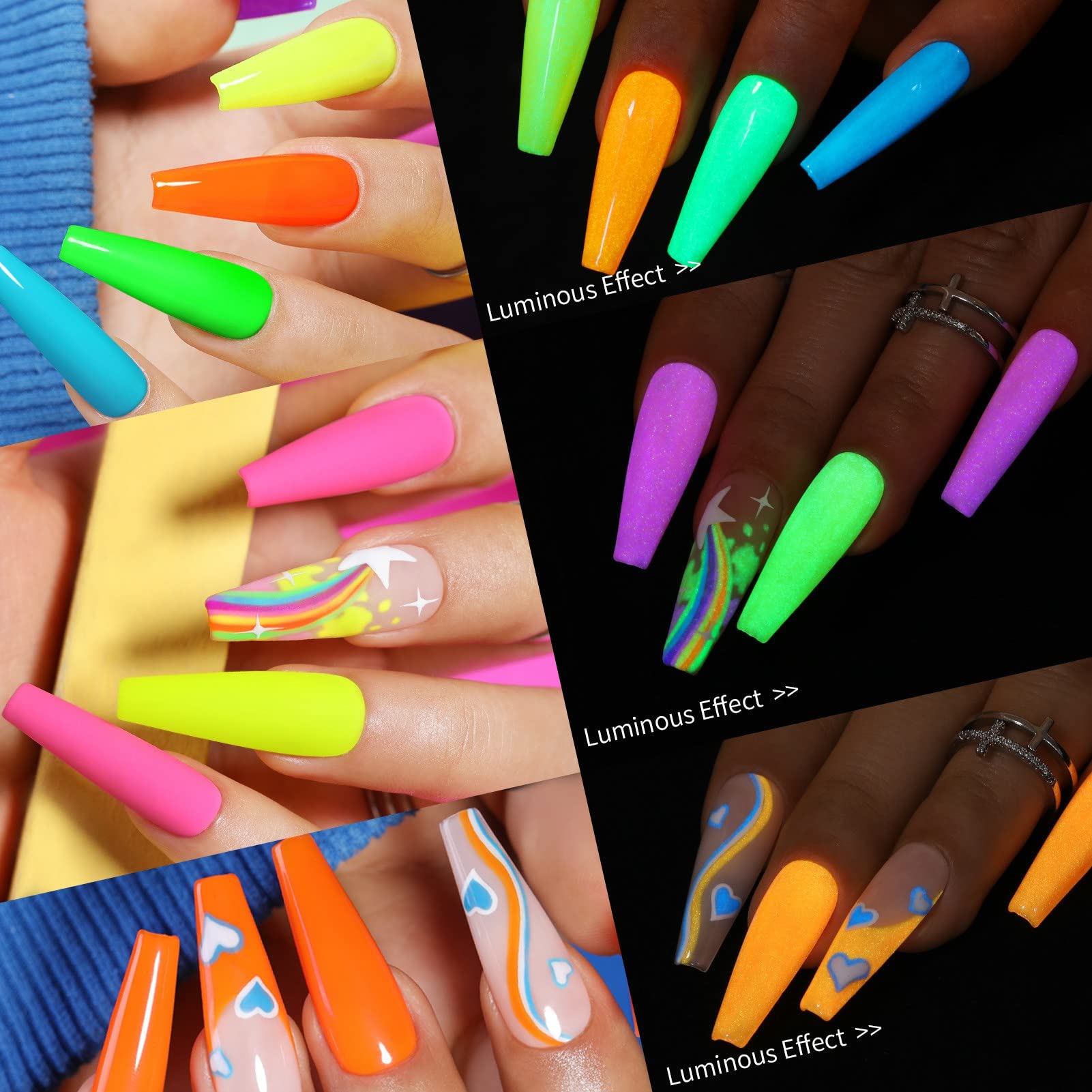 UR SUGAR Glow in the Dark Gel Nail Polish Set - 6 Neon Colors (Hot Pink, Yellow, Orange) for Halloween & Party Nails | Long-Lasting Fluorescent & Luminous Effect | Soak Off UV/LED Gel Polish Kit | Perfect for Night Events, Raves & Nail Art
