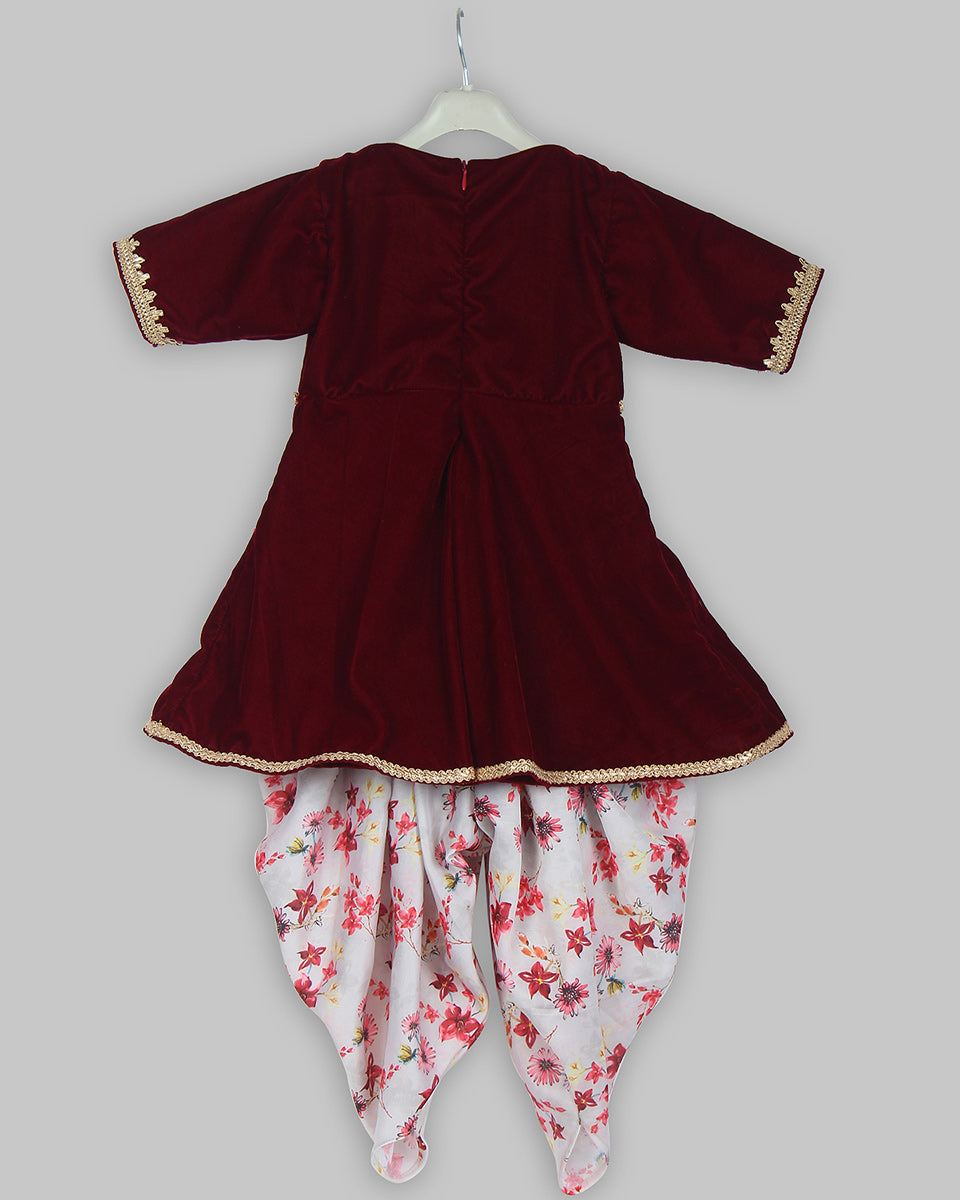 Pre Order: Mehroon Velvet Kurti with Printed Dhoti - Elegant Indian Ethnic Outfit for Women, Festive Wear & Special Occasions