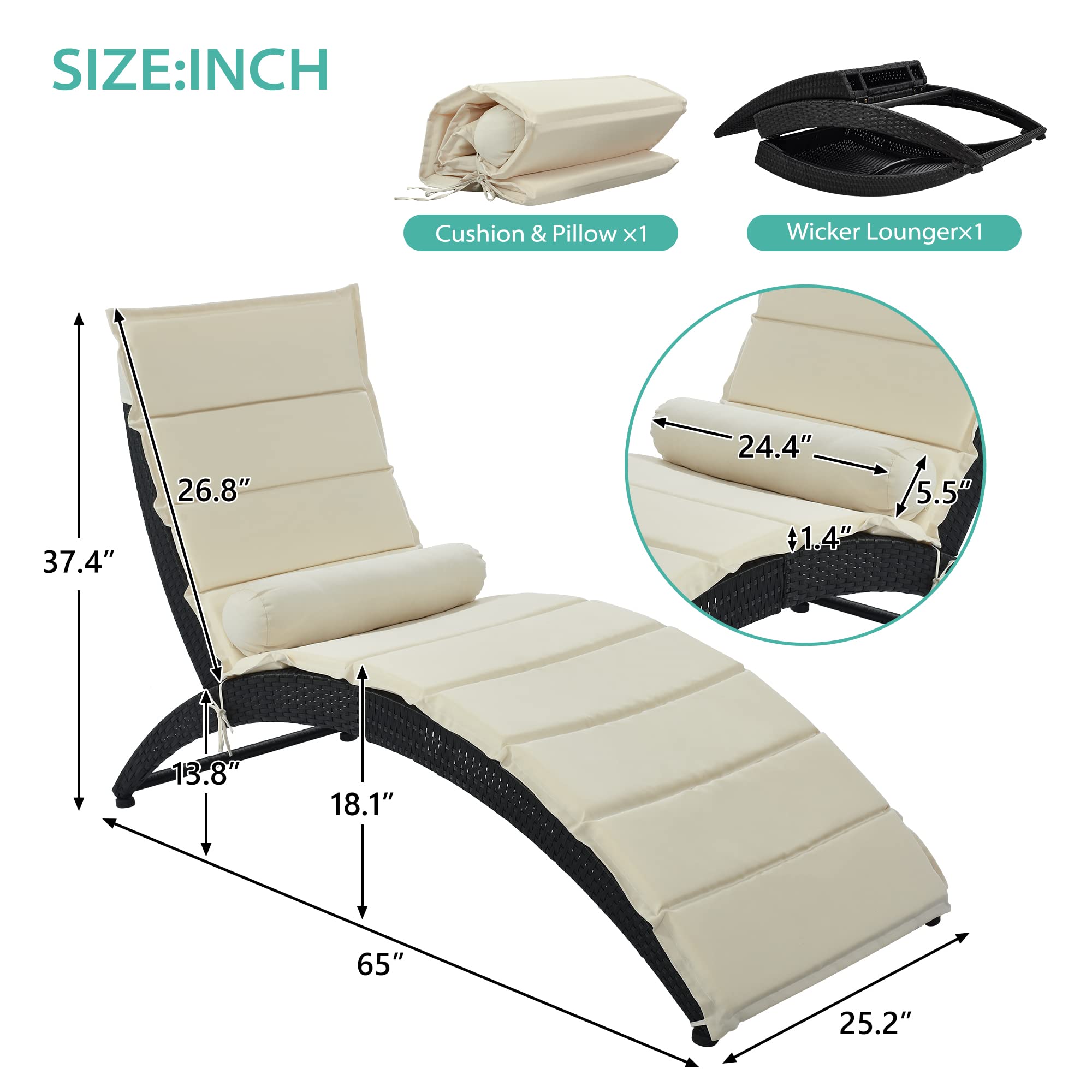 Foldable PE Rattan Sun Lounger Chair with Removable Cushion & Pillow - Outdoor Patio Furniture for Backyard, Garden, Poolside, Balcony - Wicker Chaise Lounge for Relaxing in Black & Beige