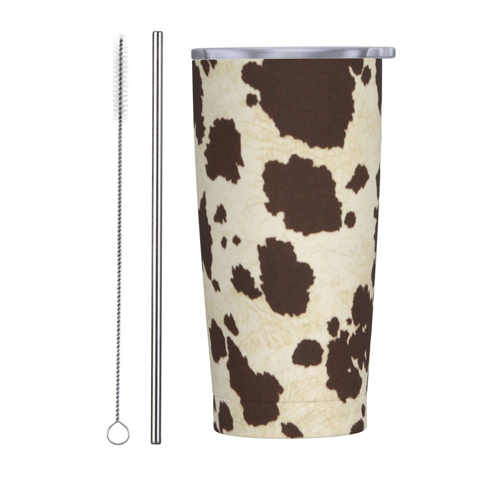 Cute Cow Print Stainless Steel Double Wall Coffee Tumbler 20oz - Leak Proof Travel Mug with Lid & Straw for Hot/Cold Drinks - Perfect for Office, School, Gym & Outdoor Activities