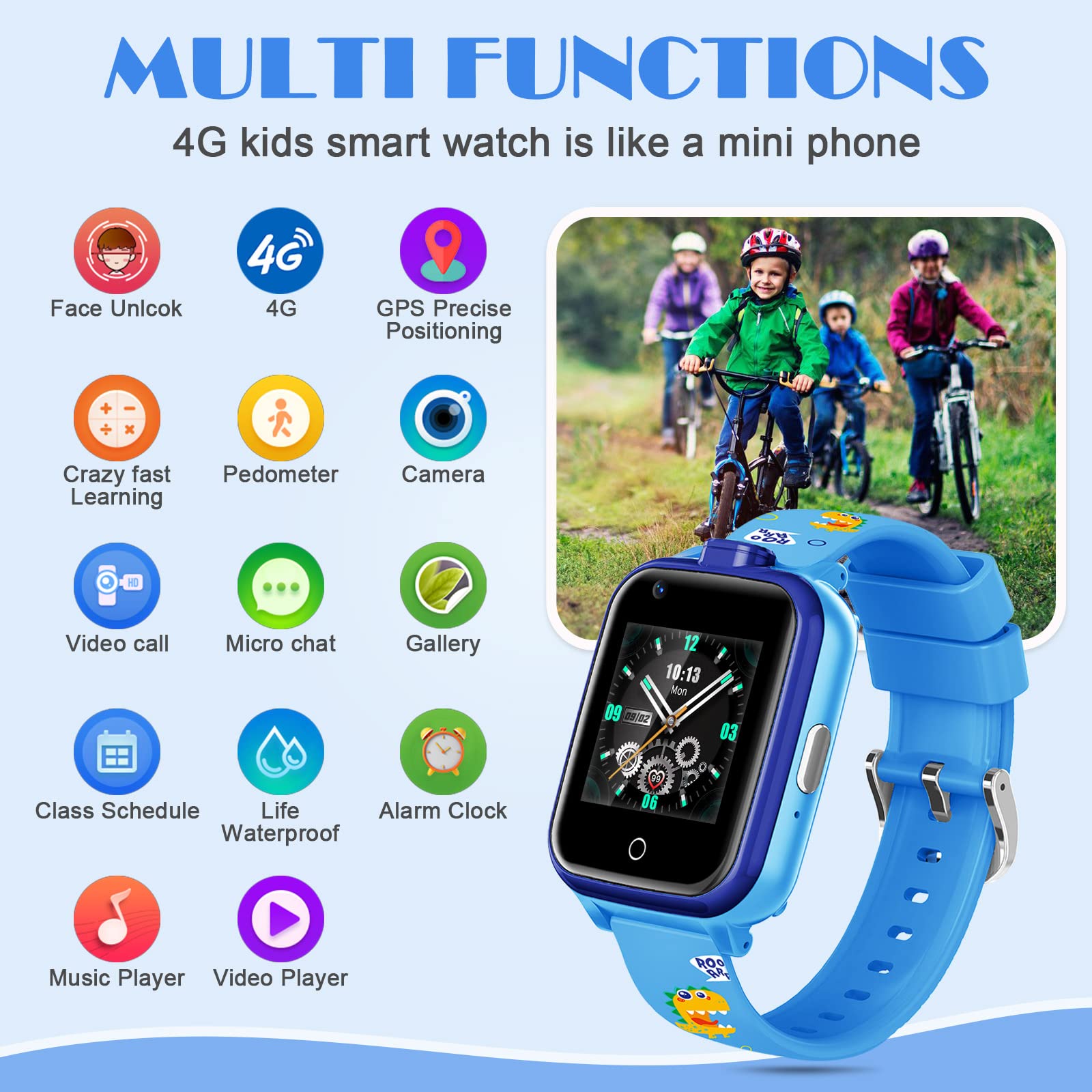 **4G GPS Smart Watch for Kids - Waterproof Children's Tracker with Dual Camera, Call/SOS, 2 Cartoon Straps - Perfect Birthday & Christmas Gift for Boys & Girls Ages 3-12 (Blue) - Ideal for School Safety, Outdoor Adventures & Parental Monitoring**