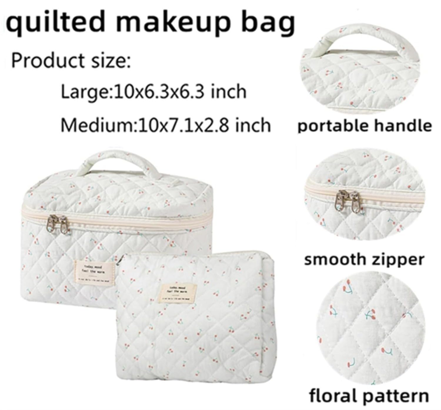 2 Pcs Floral Quilted Makeup Bags Set - Large Cotton Cosmetic Organizer for Women & Girls - Travel Toiletry Bag for Makeup Brushes, Cosmetics, Skincare - Perfect for Vacation, Gym, Daily Use