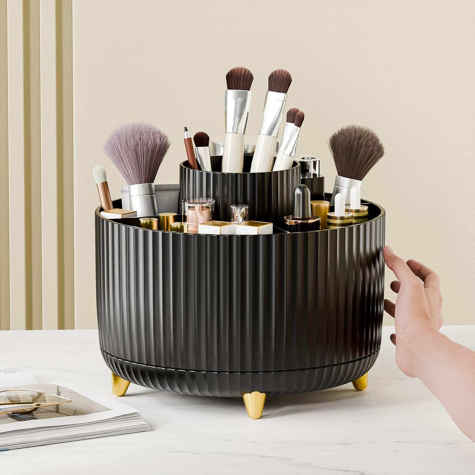 360° Rotating Makeup Brush Holder Organizer - Countertop Cosmetic & Skincare Storage with Gift Box - Perfect for Vanity, Desktop, Bathroom (Black) - Ideal for Organizing Brushes, Lipsticks & Beauty Tools