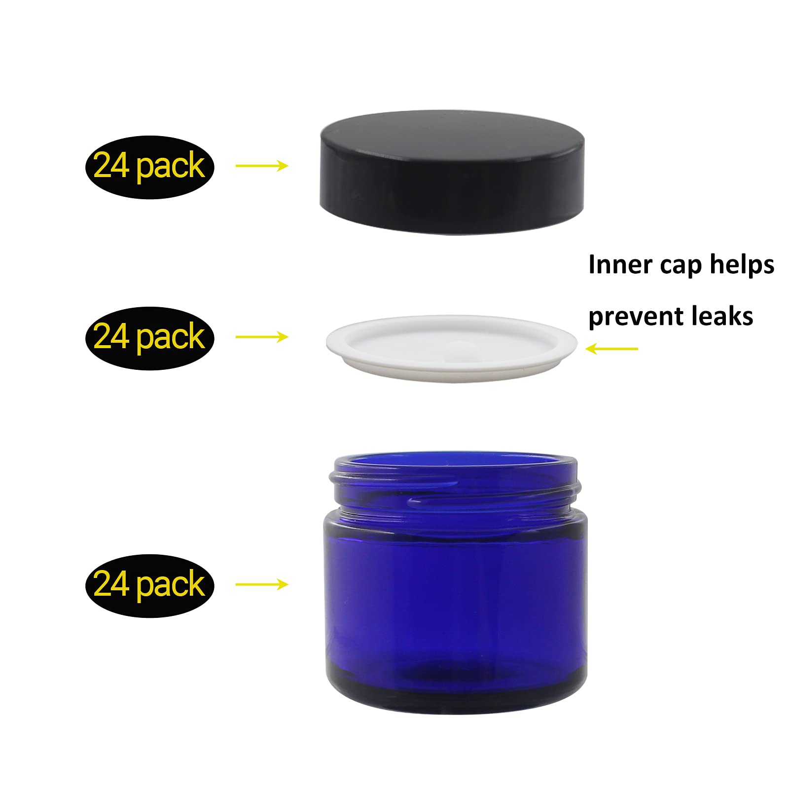 24 Pack 2 oz Round Blue Glass Cosmetic Jars with Inner Liners & Black Lids | Travel-Friendly Refillable Containers for Makeup, Cream, Lotion, Sugar Scrubs | Perfect for DIY Beauty, Skincare, Crafts & Jewelry Storage | Ideal for Home, Salon & Travel Use