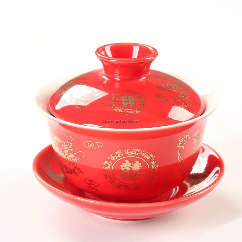 Elegant Chinese Wedding Teapot Set with 4 Matching Gaiwan Cups - Traditional Porcelain Tea Set for Wedding Gifts, Tea Ceremonies & Home Decor