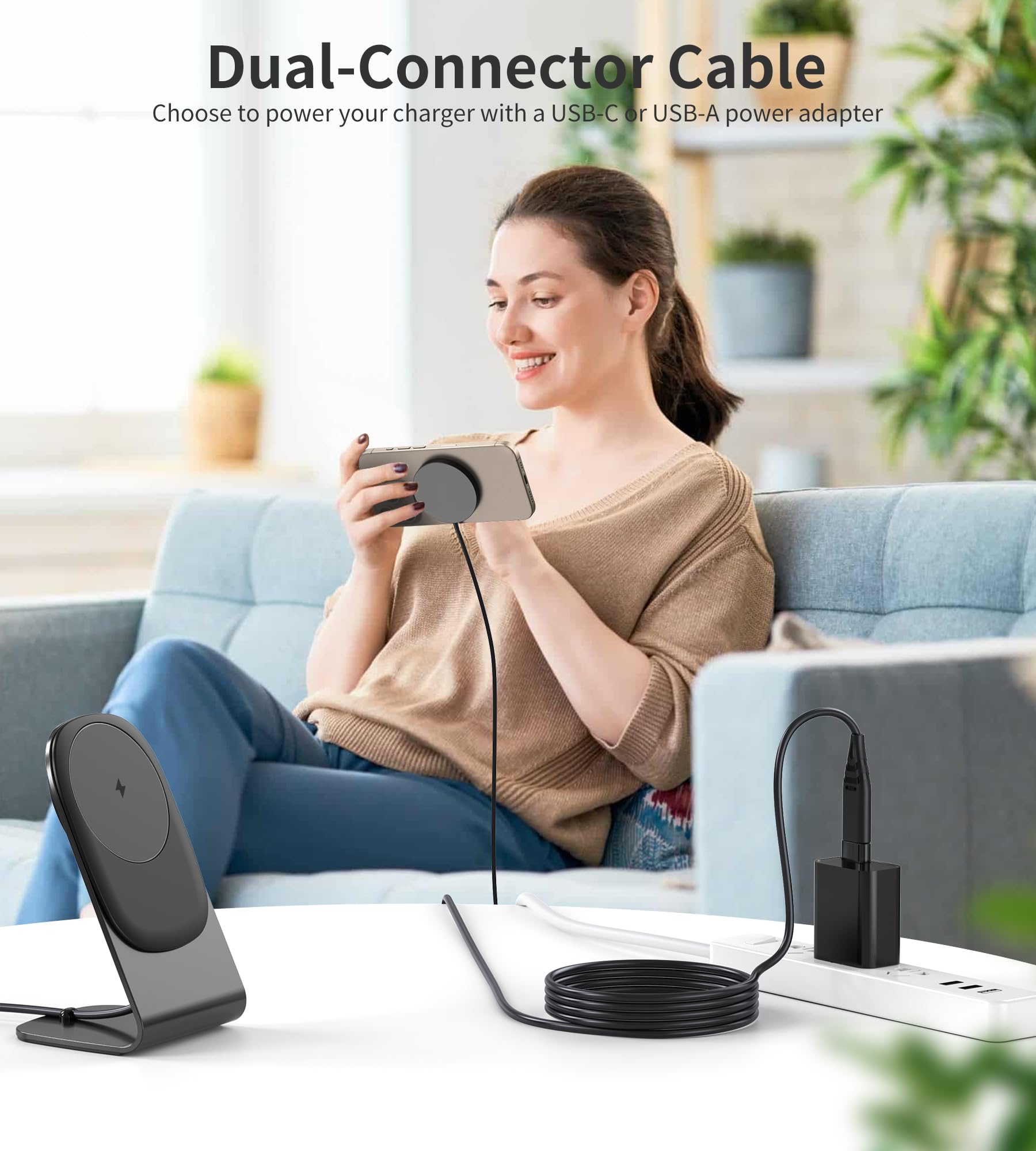Magnetic Wireless Charging Stand for iPhone 16/15/14/13/12 Pro Max/Mini - 15W Fast Magsafe Charger with USB-C Cable & USB-A Adapter - Compatible with AirPods (No Power Adapter) | Perfect for Home, Office & Travel Charging