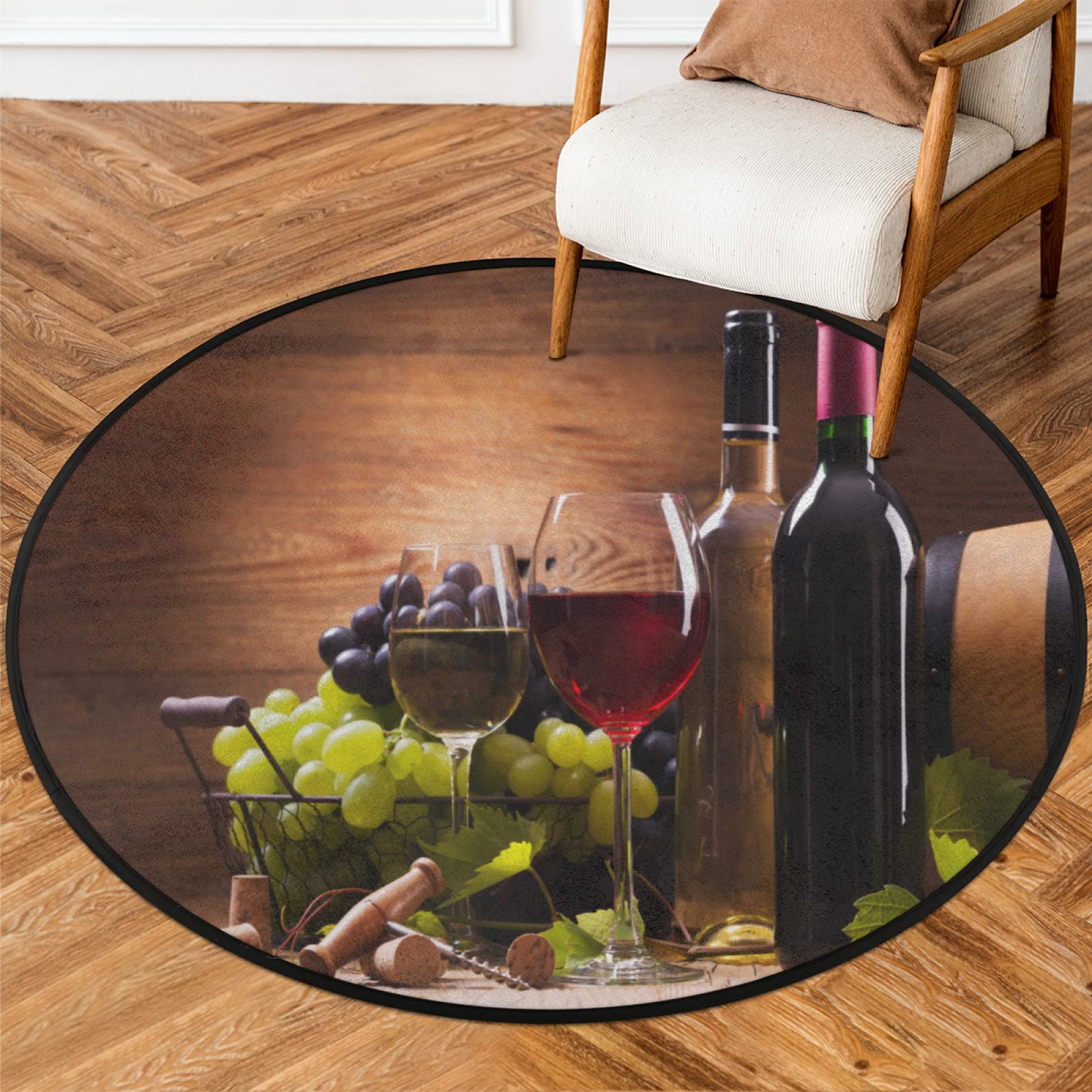 Red Wine Grapes Round Area Rug - 3 ft Non-Slip Soft Washable Circle Floor Mat for Living Room, Bedroom, Indoor & Outdoor Use | Perfect for Dining Rooms, Patios, and Cozy Home Decor