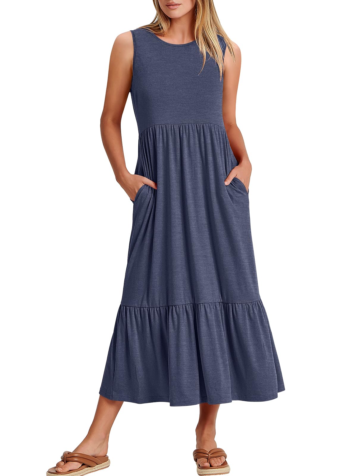 ANRABESS Women's Summer Sleeveless Crewneck Sundress - Flowy A-Line Tiered Maxi Beach Dress for Vacation, Casual Wear, and Outdoor Activities