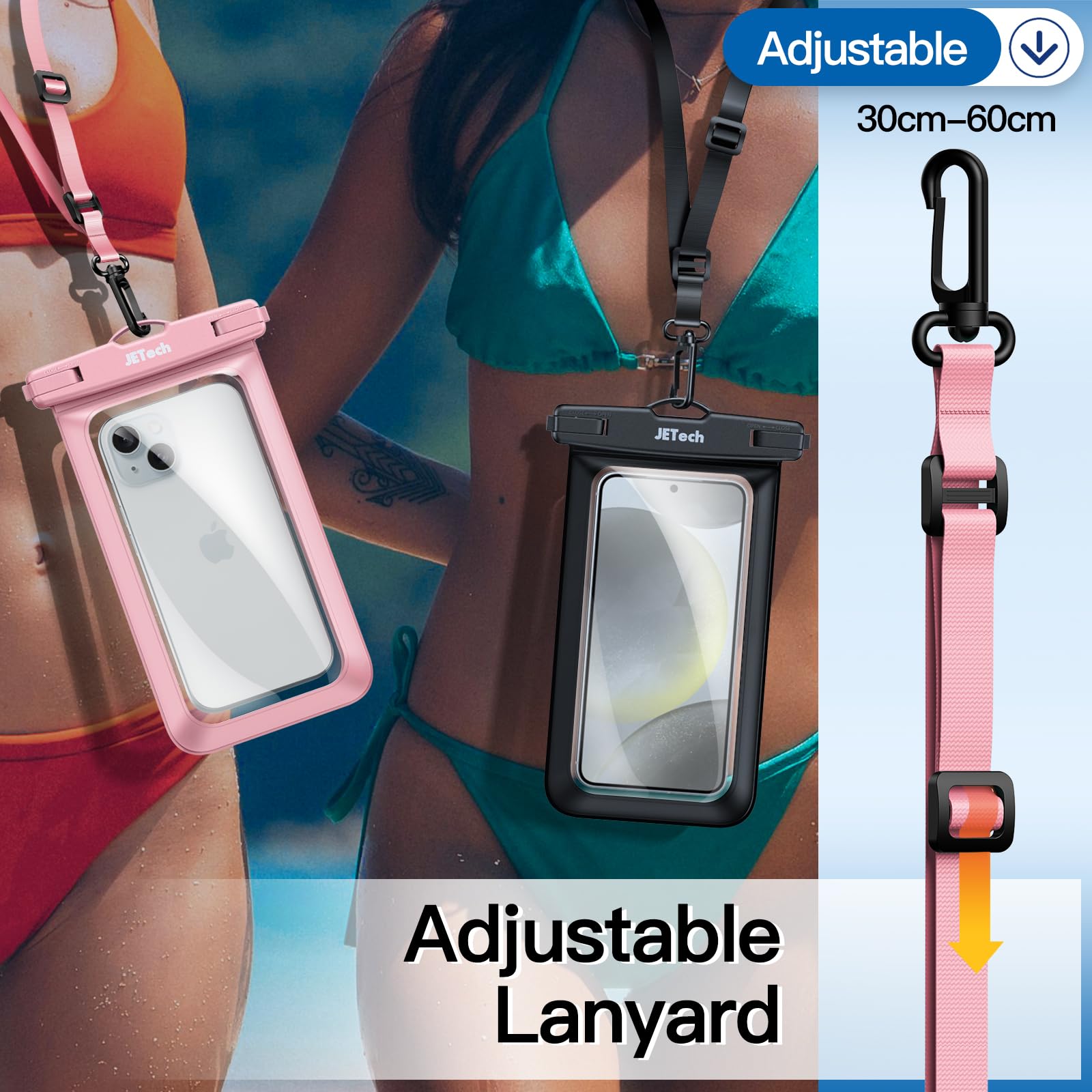JETech Waterproof Phone Pouch 2 Pack - IPX8 Waterproof Case for iPhone 16/15/14/13 Pro Max & Galaxy S24/S23 Ultra (Up to 7.2 Inch) with Lanyard - Perfect for Swimming, Beach, Kayaking & Outdoor Activities (Black+Pink)