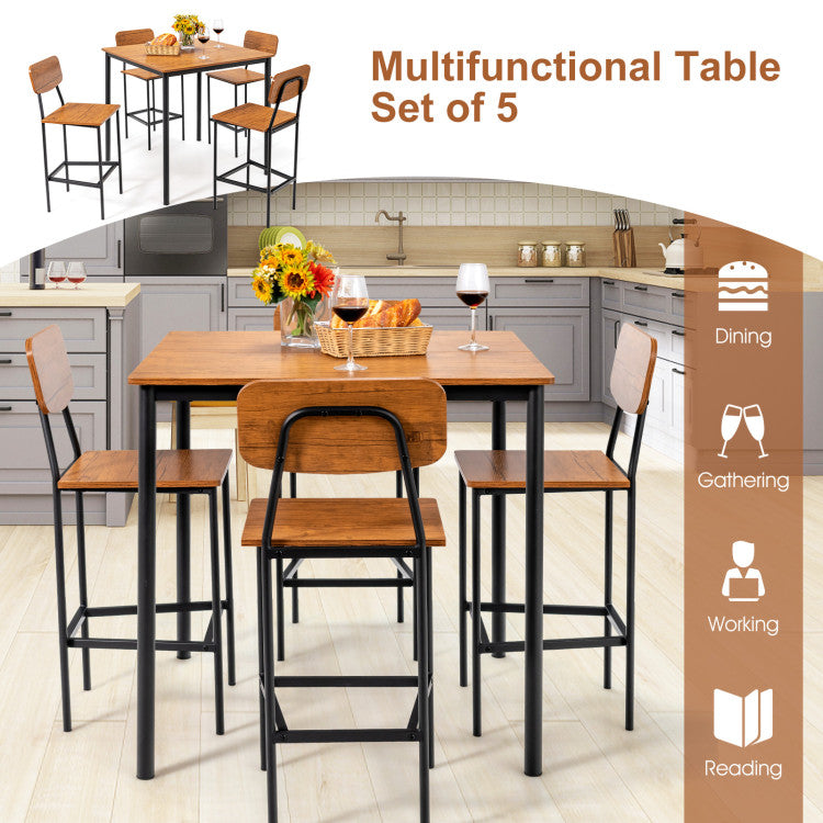 Costway 5-Piece Industrial Counter Height Dining Table Set with 4 Bar Stools - Modern Kitchen & Breakfast Nook Furniture for Small Spaces, Bars & Apartments
