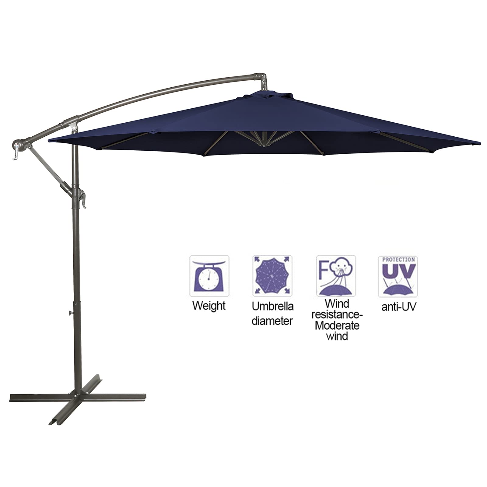 10 Ft Navy Blue Outdoor Cantilever Patio Umbrella with Crank & Cross Base - 8 Ribs, Offset Hanging Market Umbrella for Poolside, Deck, Garden, and Backyard Relaxation