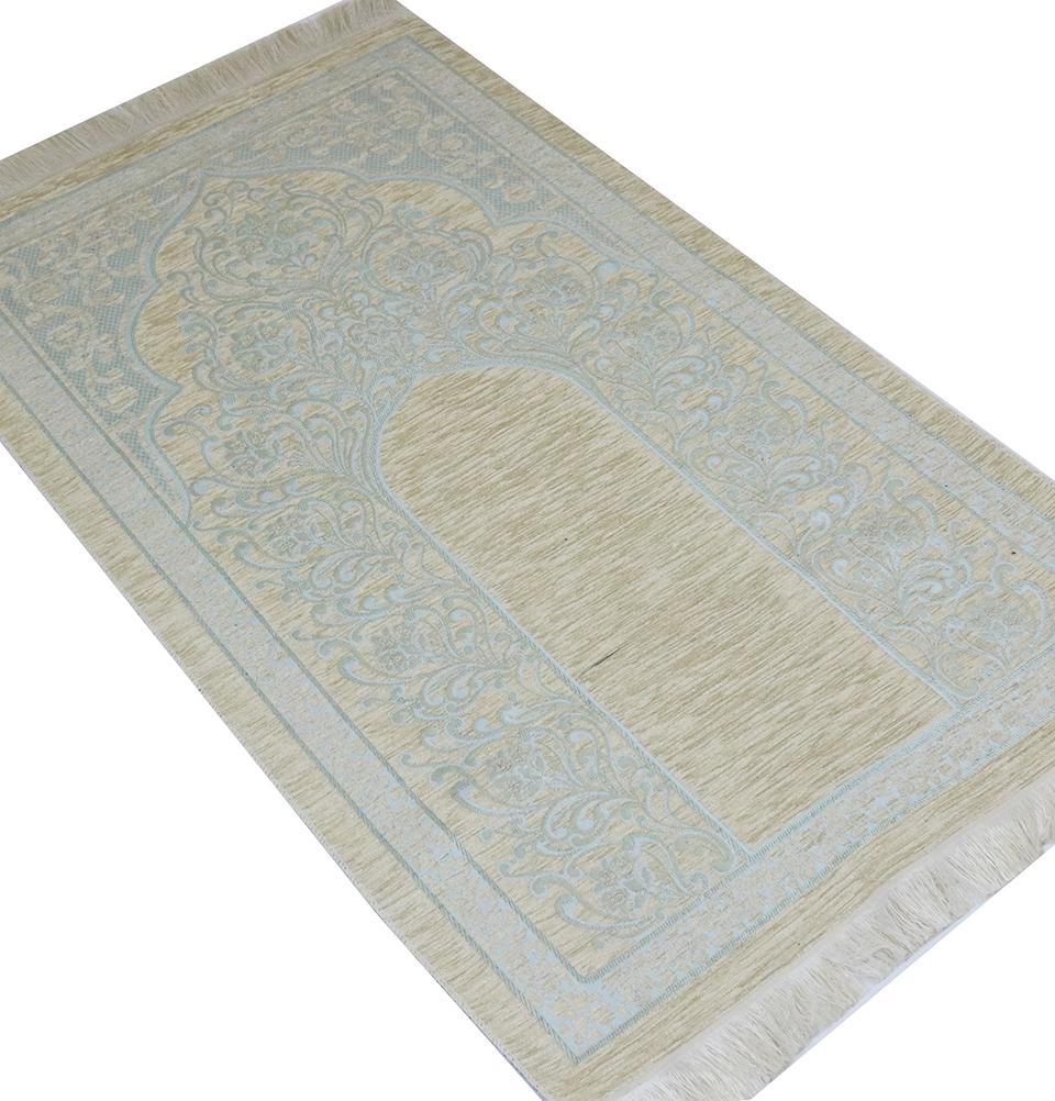 Soft Chenille Vine Swirl Islamic Prayer Rug - Cream & Blue - Perfect for Home, Mosque, and Travel Use