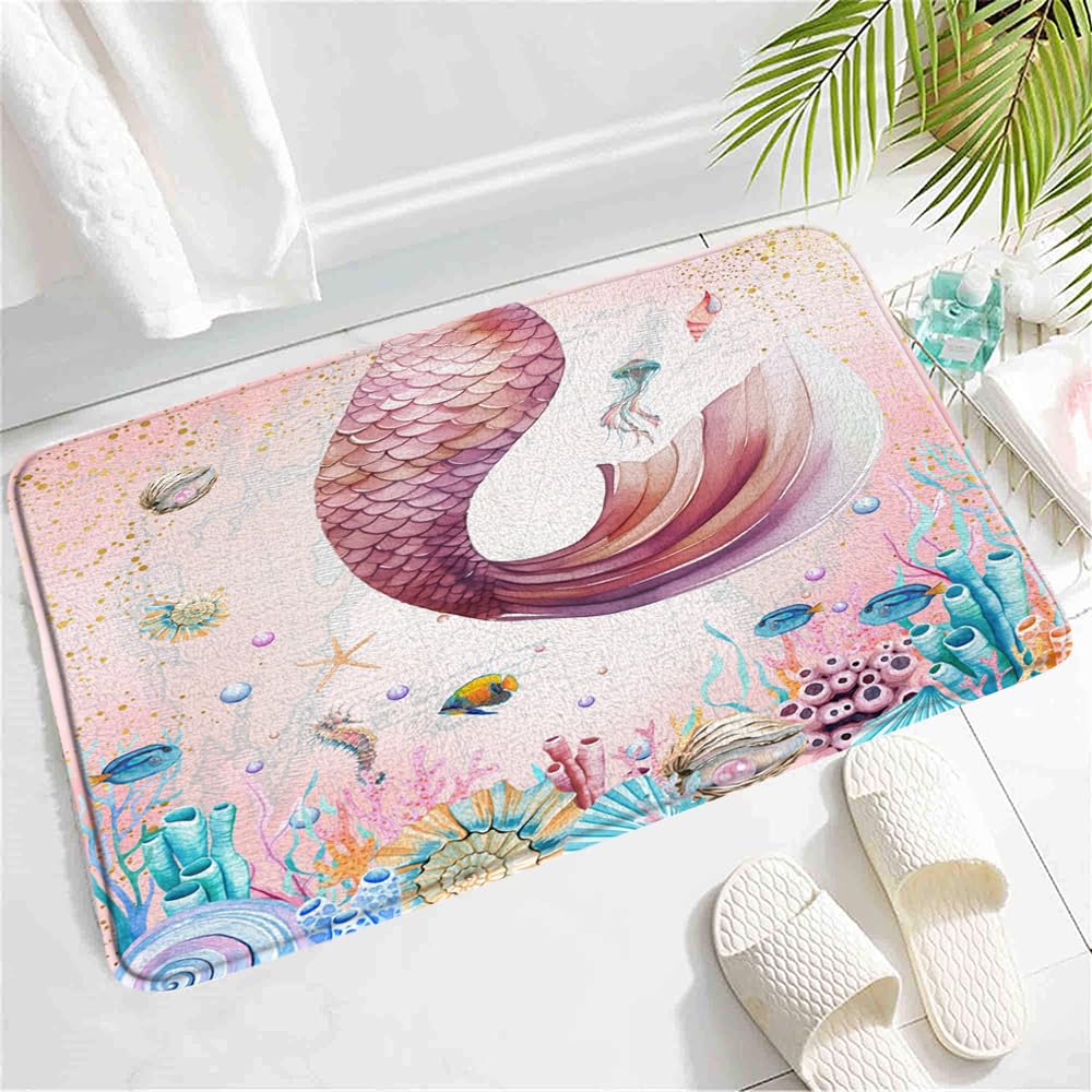 **Non-Slip Mermaid Bath Mat - Pink Ocean Themed Fish Tail Design, 30x18 Inch, Soft & Water Absorbent for Bathroom, Kitchen, or Beach House Decor**    **Usage Scenarios:** Perfect for kids' bathrooms, coastal-themed bedrooms, or as a playful kitchen floor mat.