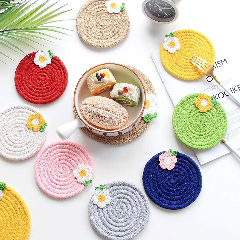 Japanese Insulated Small Flower Cup Coaster - Cotton Woven Bowl Pad for Hot Dishes (18cm, Yellow) | Heat Resistant Kitchen Accessory for Tea Cups, Bowls & Dining Table Decor