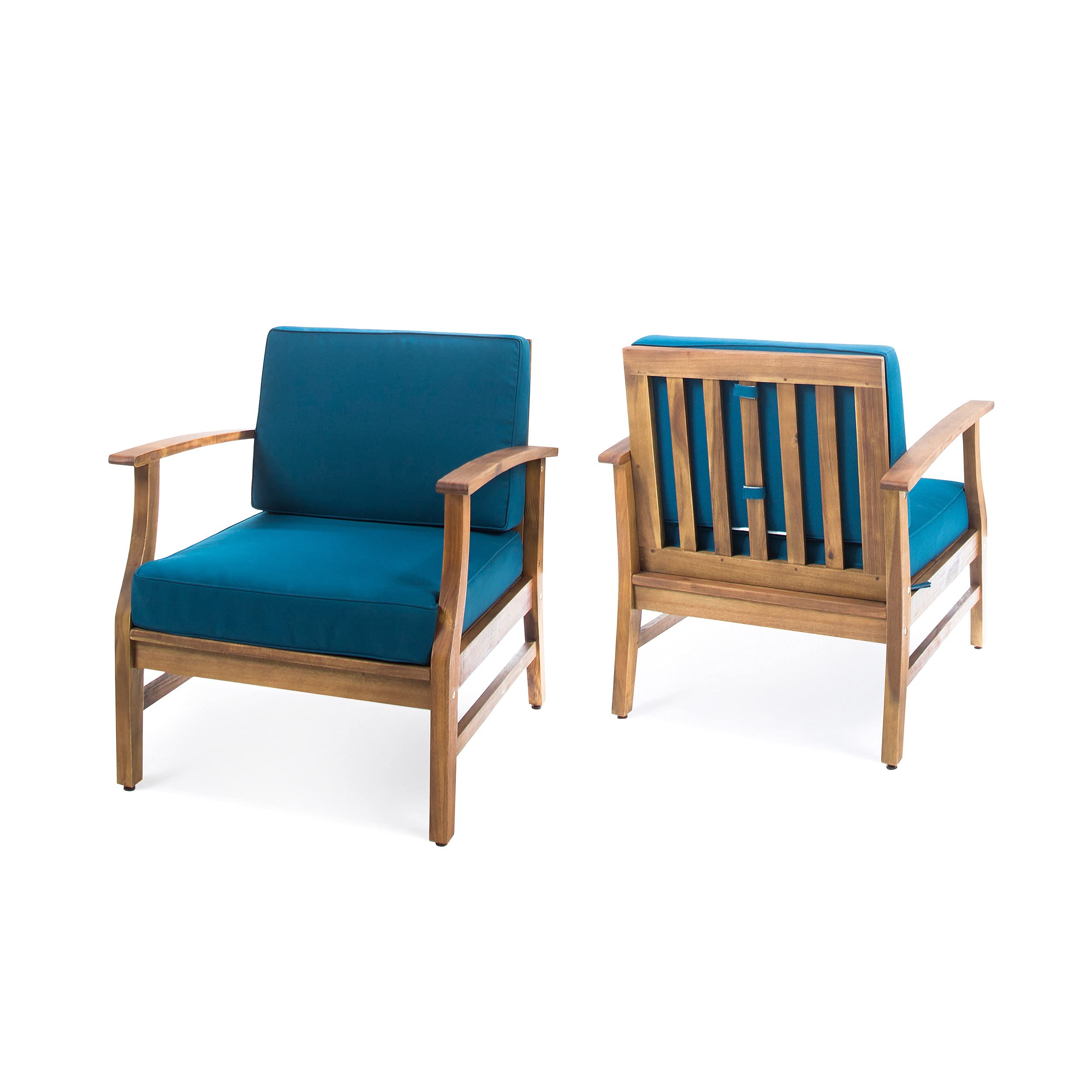 Christopher Knight Home Perla Outdoor Acacia Wood Club Chairs Set of 2 with Water Resistant Cushions - Teak Finish & Blue Fabric - Patio, Garden, Poolside Lounge Furniture for Backyard & Outdoor Relaxation