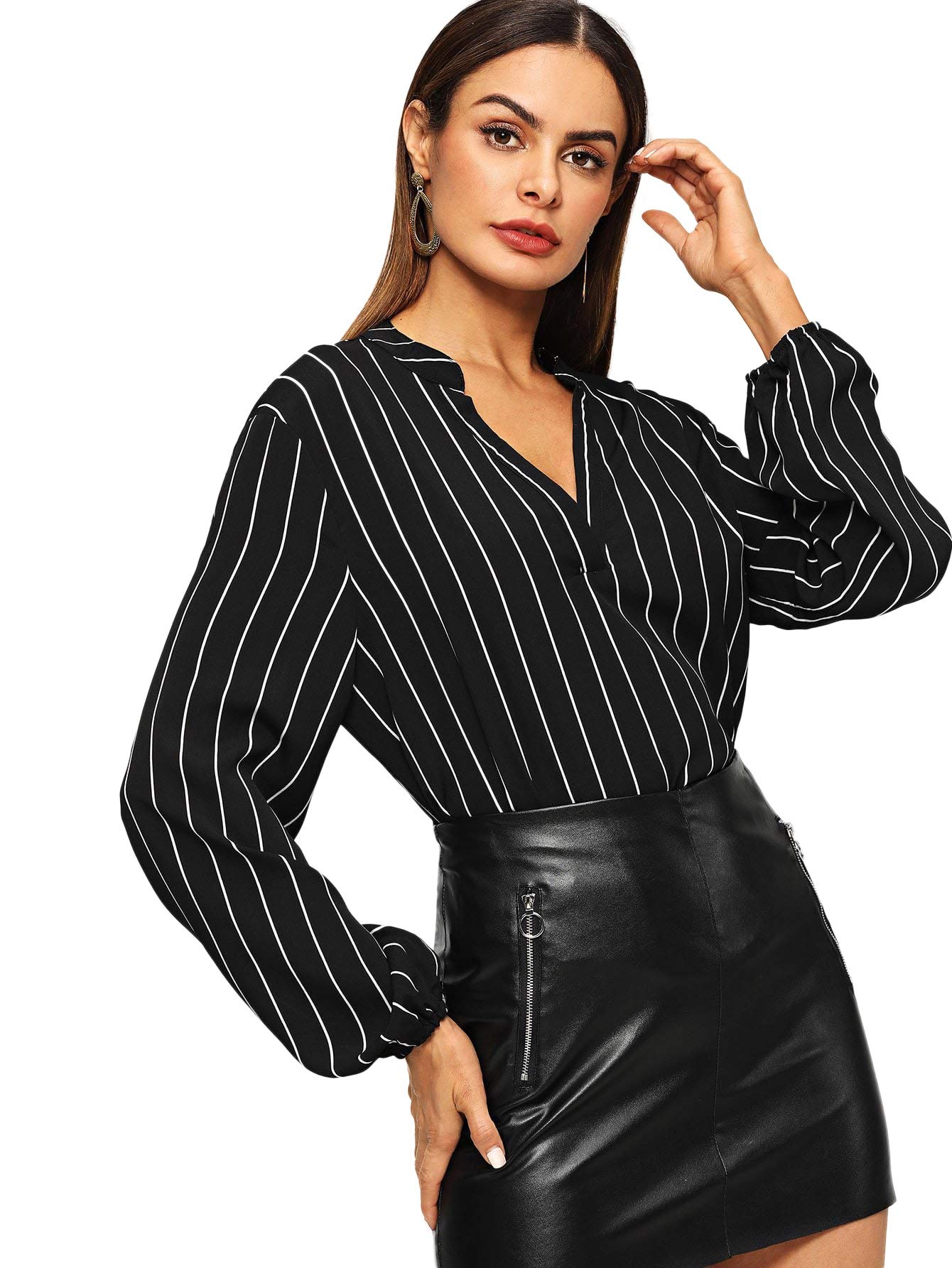 Milumia Women's Elegant Striped V-Neck Long Sleeve Blouse - High Low Hem Work Shirt Tops for Office, Party & Casual Wear | Flattering Fit & Comfortable Stretch Fabric