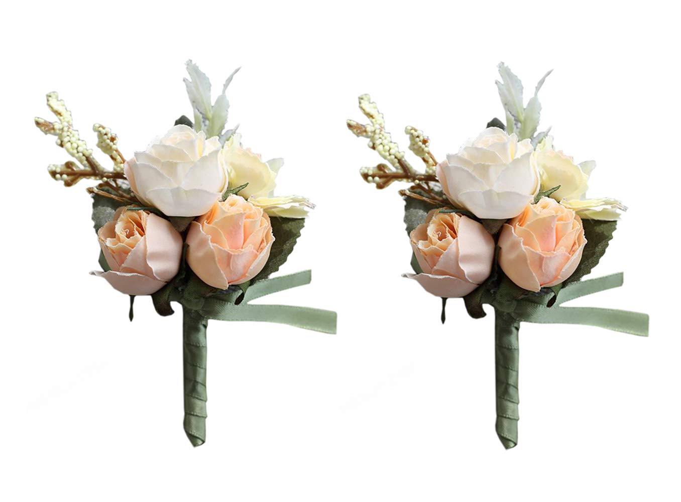 Artificial Rose Boutonniere & Corsage Set - Champagne Wedding Boutonnieres, Prom Party Suit Decorations - Pack of 2 for Groom, Bridesmaid & Special Occasions