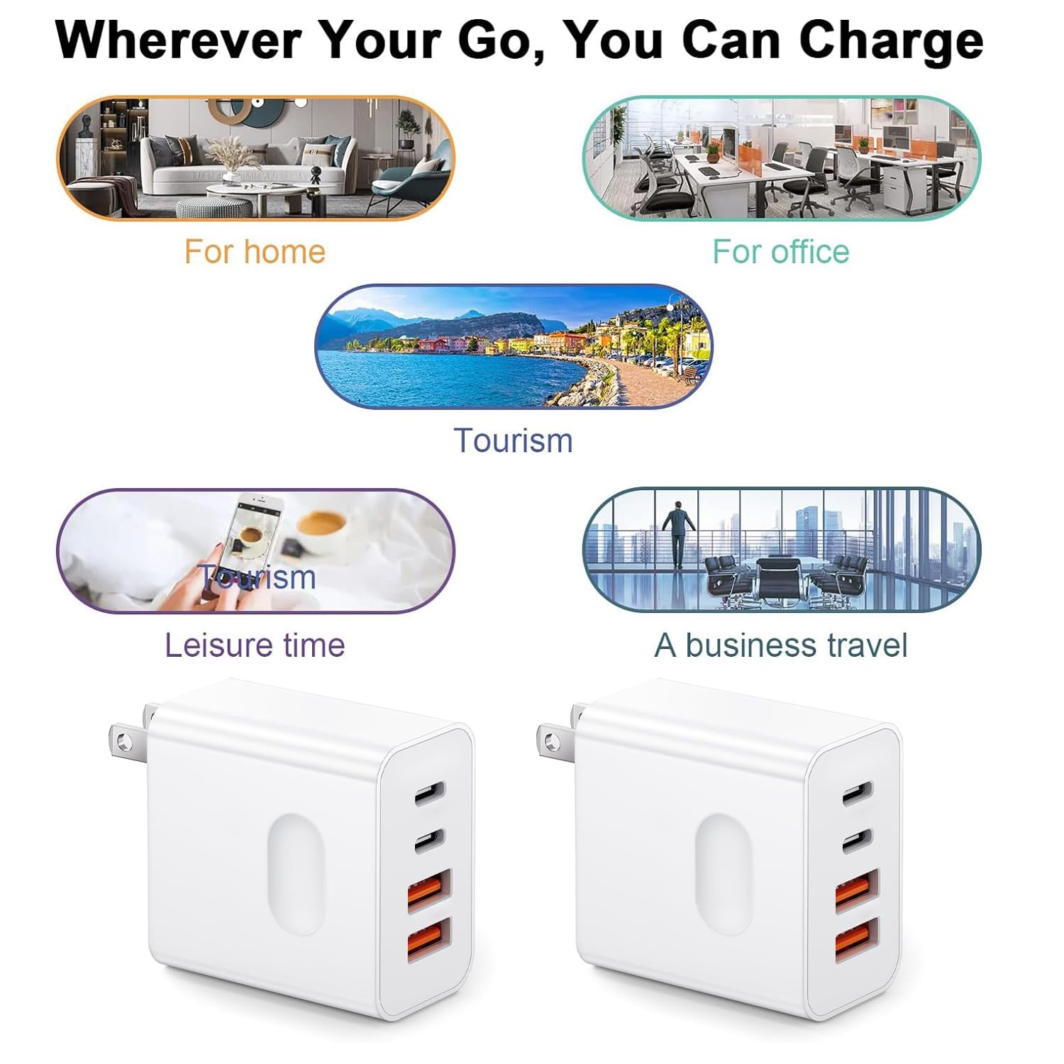 2-Pack 40W USB C Fast Charger Block with 4 Ports - Dual USB C & QC Wall Plug for iPhone 16/15/14/13/12/11 Pro Max, iPad - High Speed Charging Adapter for Home, Office & Travel