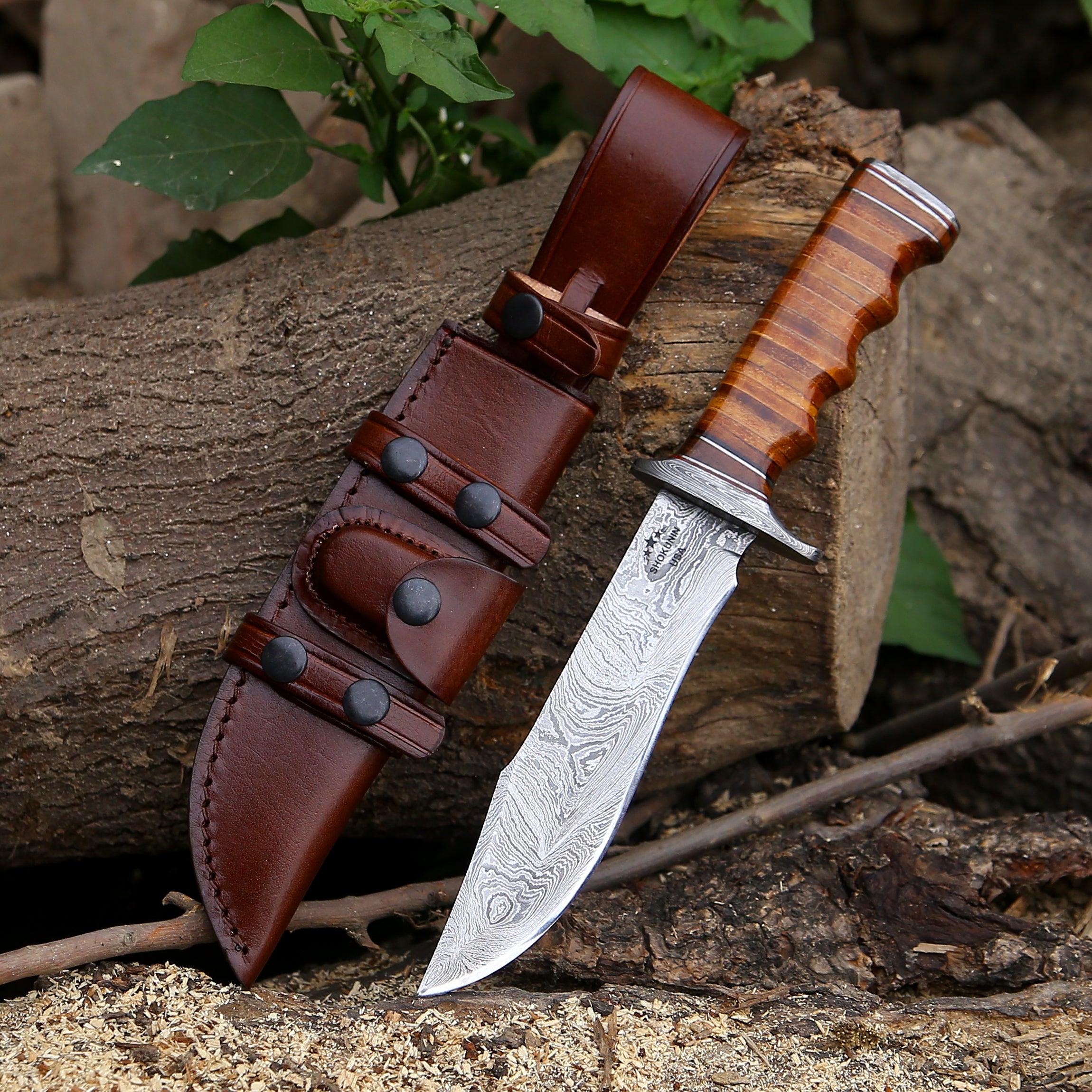 Premium Damascus Steel Bowie Knife - Handcrafted Stacked Leather Handle - Hunting, Camping & Outdoor Survival Tool - Perfect for Bushcraft, Tactical Use & Collection