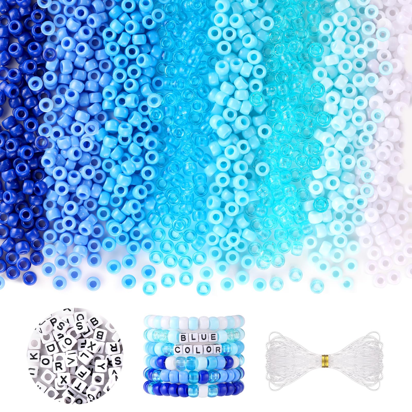 1200 Pcs 6x9mm Blue Pony Beads Bulk with 100 Letter Beads - Plastic Craft Beads for DIY Bracelets, Jewelry Making, Hair Braids & Kandi - 8 Assorted Colors for Girls, Kids & Teens - Perfect for Parties, Gifts & Summer Crafts