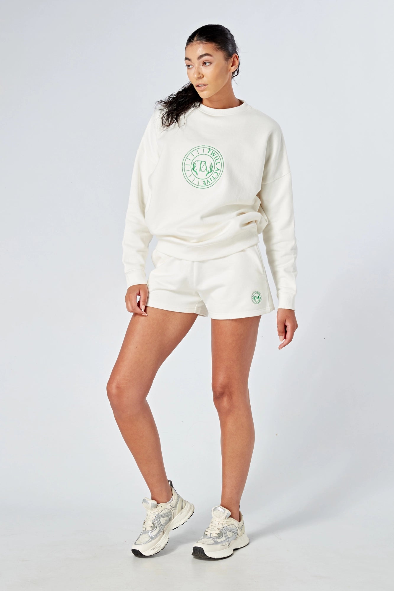 Oversized Twill Active Essentials Crewneck Sweatshirt for Women - White | Comfortable Casual Wear for Gym, Yoga & Everyday Outfits