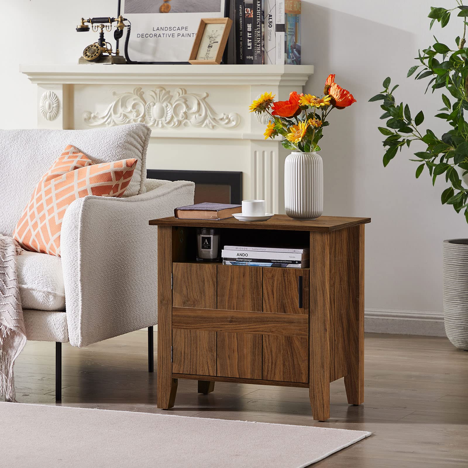 Farmhouse End Table with Cabinet & Open Shelf - Industrial Nightstand for Bedroom & Living Room - Solid Walnut Wood Side Table - Perfect for Small Spaces, Coffee Table Alternative, Rustic Home Decor
