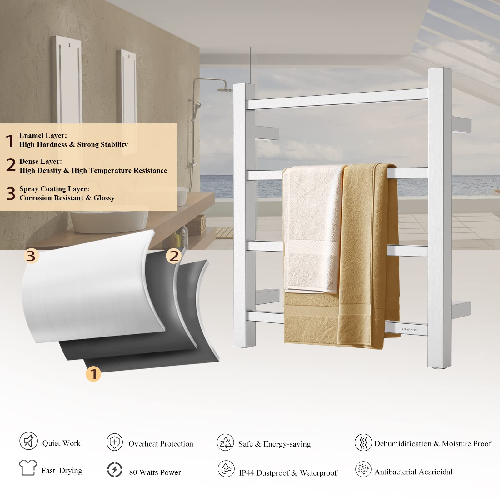 Brushed Nickel Electric Towel Warmer - Wall Mounted Bathroom Heated Towel Rack (19.69x17.71x4.33 Inches) with 4 Stainless Steel Bars, 35W Plug-in Drying Rack for Spa, Luxury Bathroom & Home Use - Model ETW13-2A