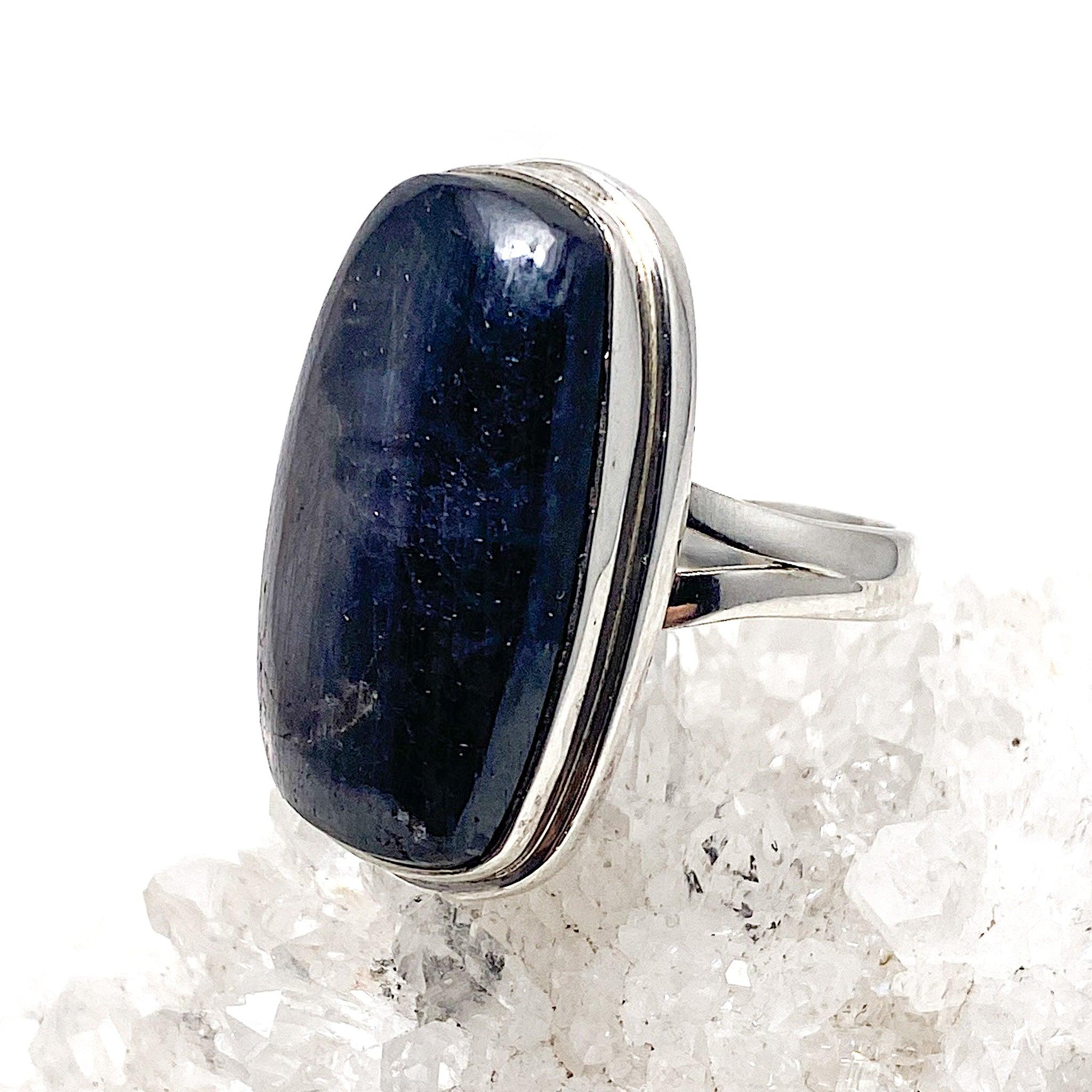 Natural Blue Sapphire Cabochon Rectangle Ring with Split Band - Size 9 - KRGJ1617 - Perfect for Engagement, Wedding & Special Occasions