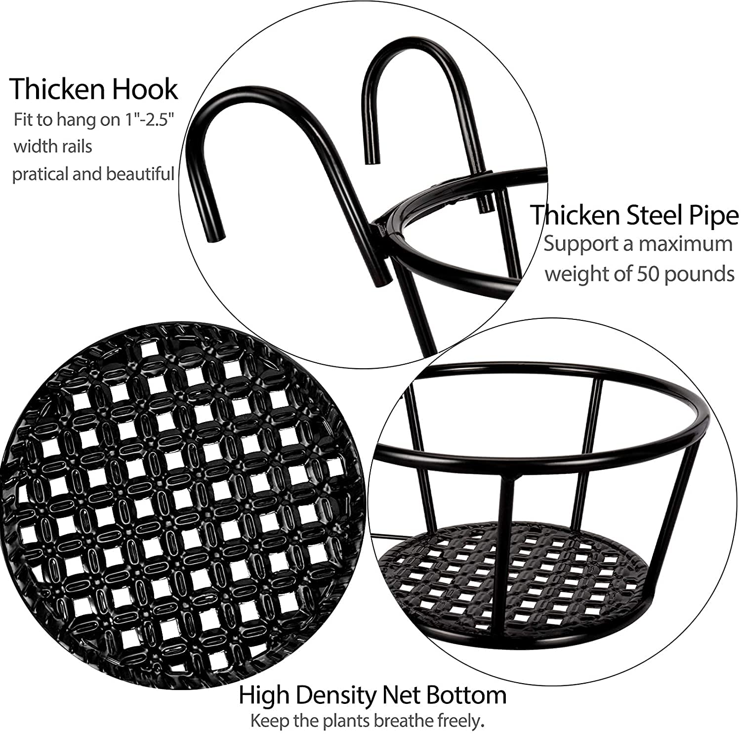 Iron Art Hanging Flower Pot Holder - 2 Pack Metal Railing Planters for Balcony, Fence, Porch | Rust-Resistant Outdoor Hanging Baskets for Flowers & Plants | Perfect for Patio Decor & Garden Landscaping