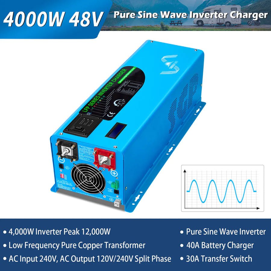 SunGoldPower 4000W 48V Pure Sine Wave Inverter with Charger | Split Phase | UL1741 Certified | Perfect for Off-Grid Solar Systems, RVs & Home Backup Power