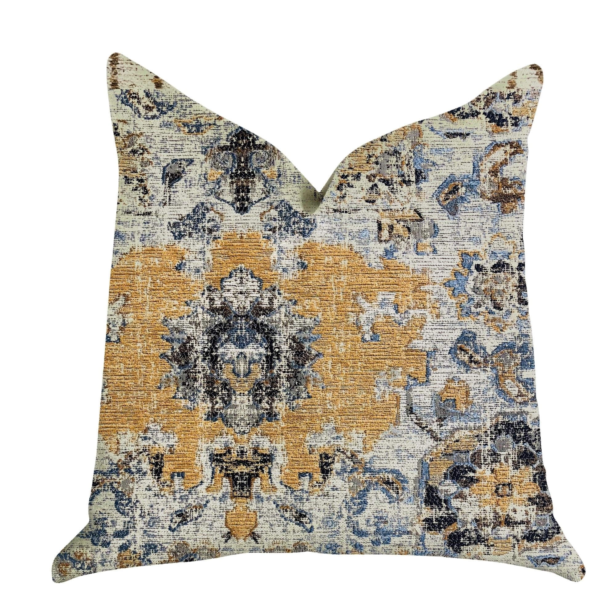 Plutus Brands Free Spirit Damasque Double Sided Luxury Throw Pillow - 12x25 Inches - Blue Beige Gold - Elegant Home Decor for Sofa, Bed & Living Room