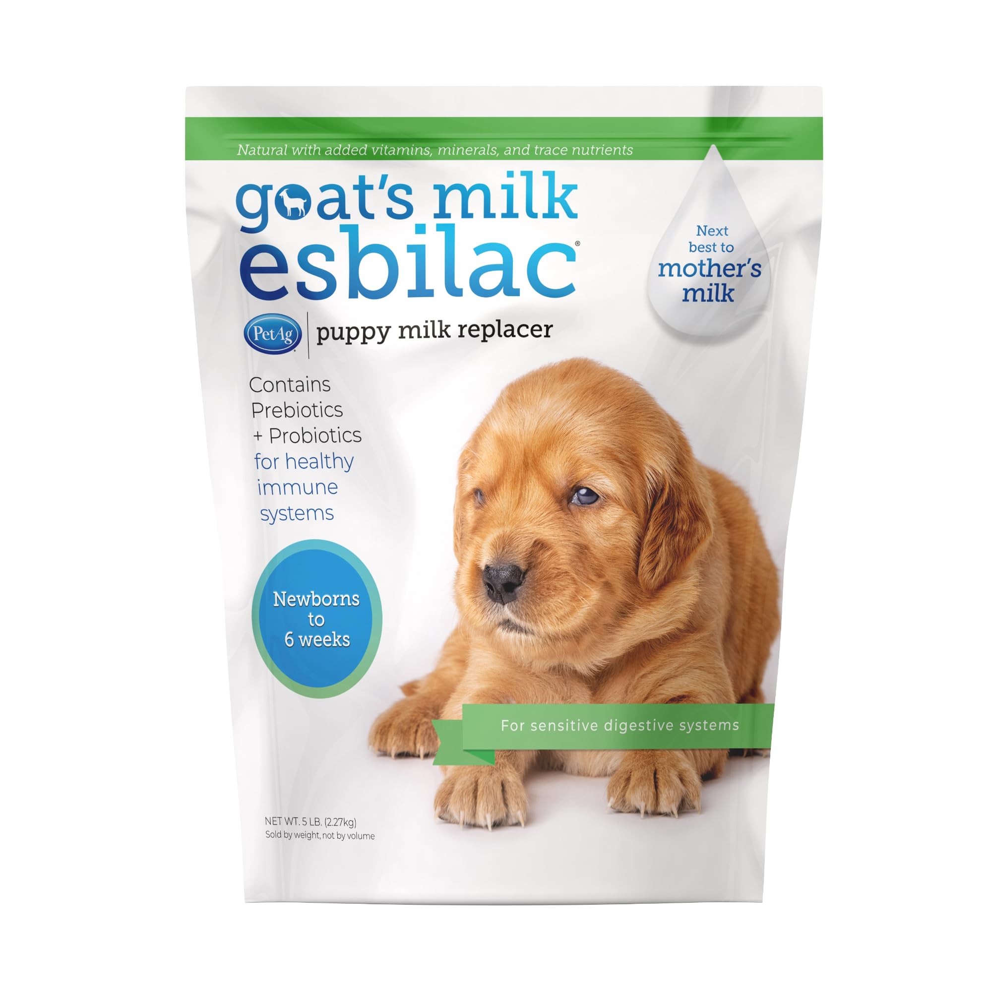 PetAg Goat’s Milk Esbilac Powder - 5 lb - Premium Powdered Puppy Milk Replacer with Prebiotics, Probiotics & Essential Vitamins for Newborn to 6-Week-Old Puppies - Supports Sensitive Stomach & Digestive Health - Ideal for Orphaned Puppies, Weaning, or Supplementing Mother’s Milk