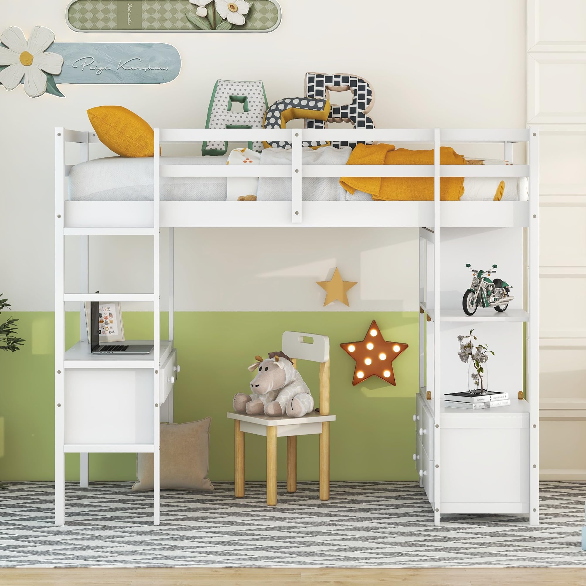 Harper & Bright Designs Solid Wood Twin Size Loft Bed with Desk, Bookshelf & Storage Drawers - Space-Saving Study & Sleep Solution for Kids, Teens & Adults - Perfect for Small Bedrooms, Dorms & Apartments (White)