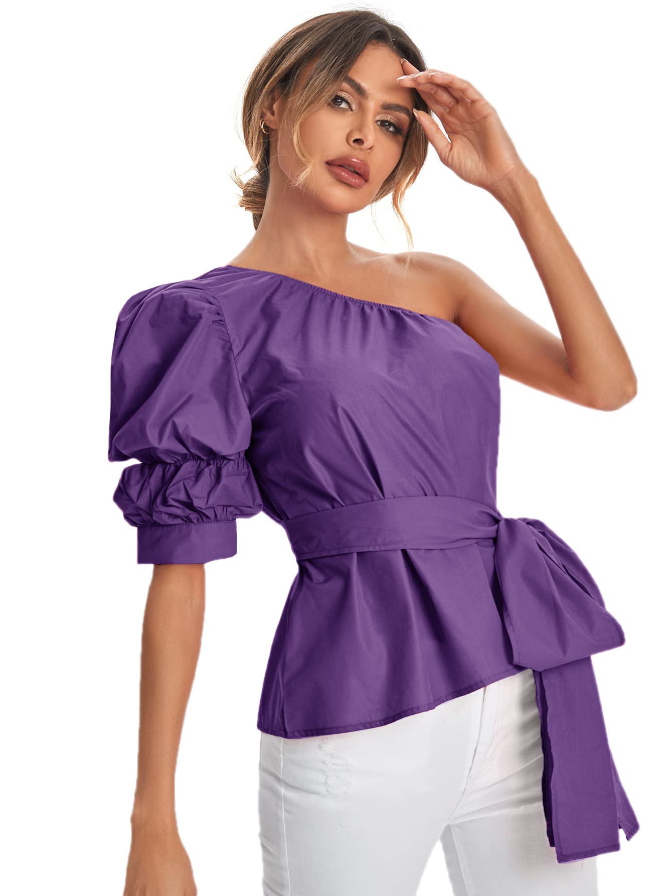 Romwe Women's One Shoulder Short Puff Sleeve Blouse with Self Belt - Elegant Solid Color Top for Party, Date Night & Special Occasions