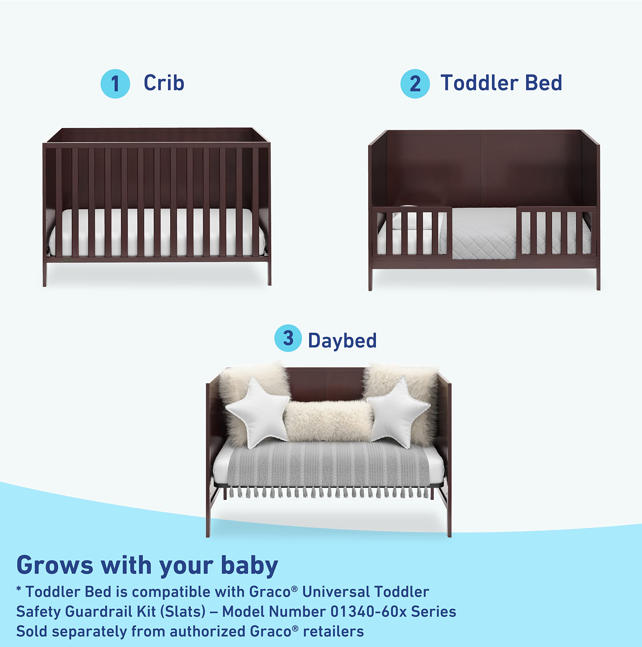 Graco Theo 3-in-1 Convertible Crib (Espresso) - GREENGUARD Gold Certified for Safe Nursery | Converts to Toddler Bed & Daybed | 4 Adjustable Mattress Heights | Fits Standard Full-Size Crib Mattress | Perfect for Baby's First Bedroom & Growing Toddlers