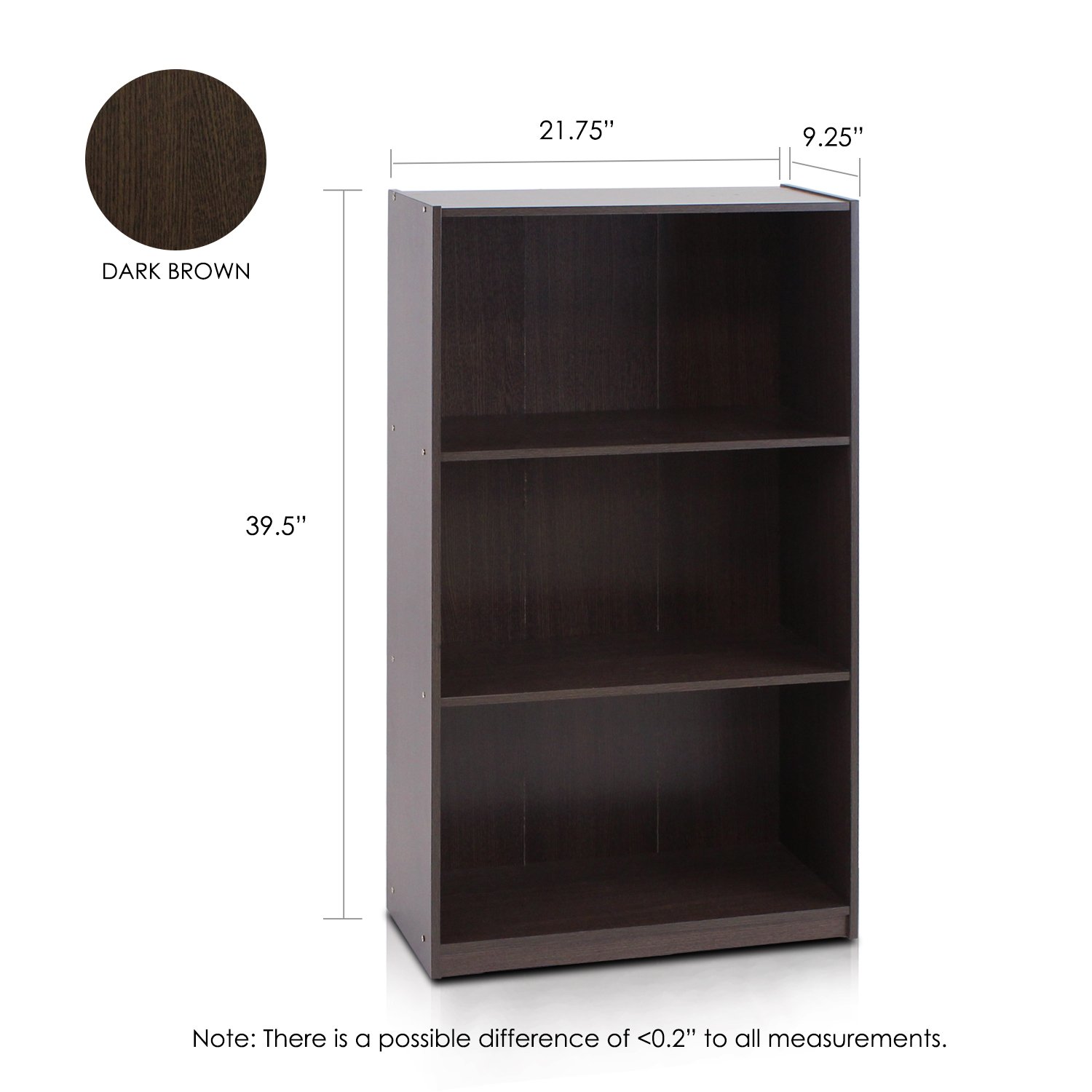 Furinno 3-Tier Bookcase Storage Shelf Unit - Dark Brown Wooden Bookshelf for Living Room, Bedroom & Office Organization